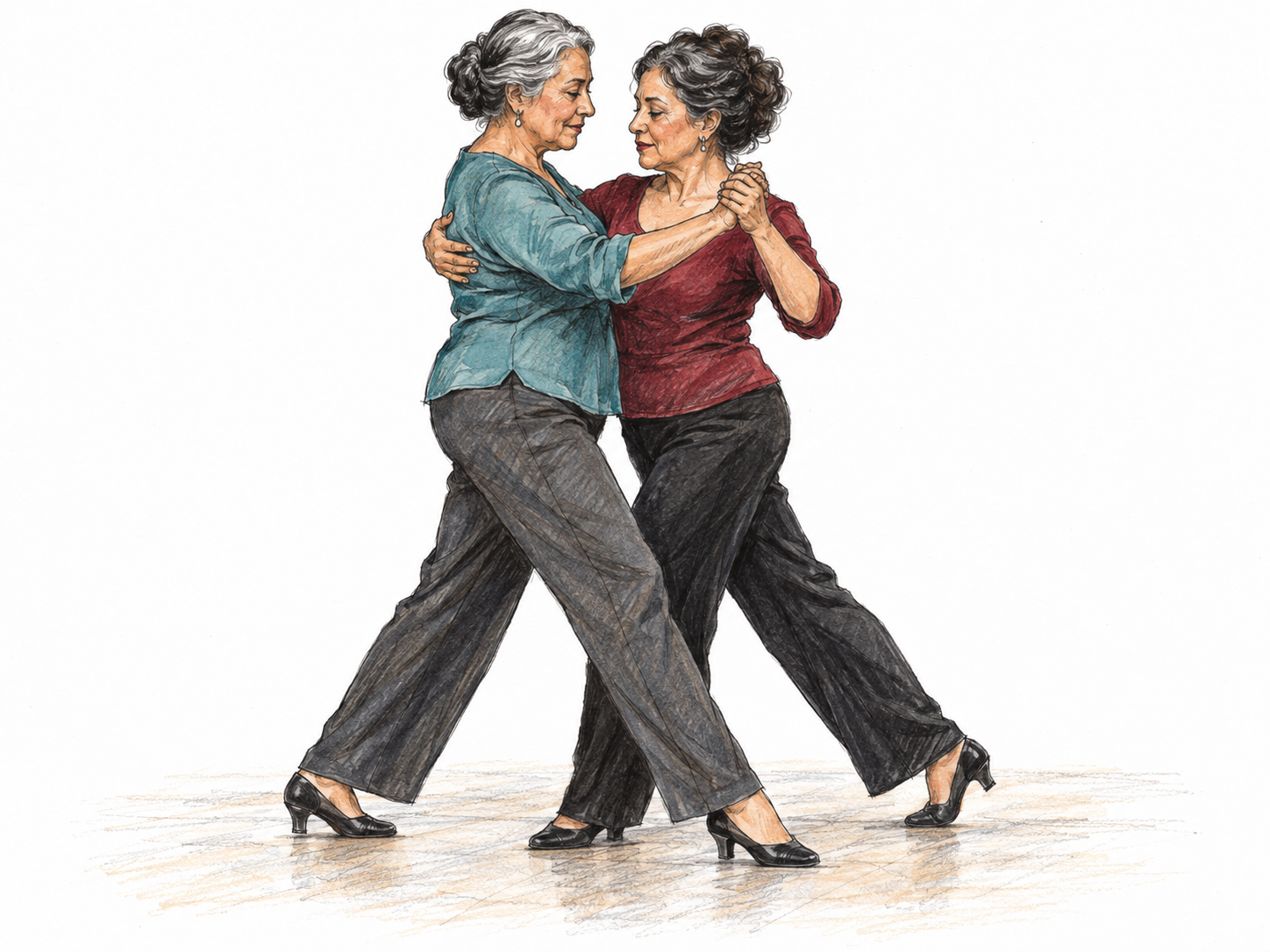 Two older Latina women perform tango in a close embrace, caught in a sharp, poised walking step on a minimally indicated dance floor.