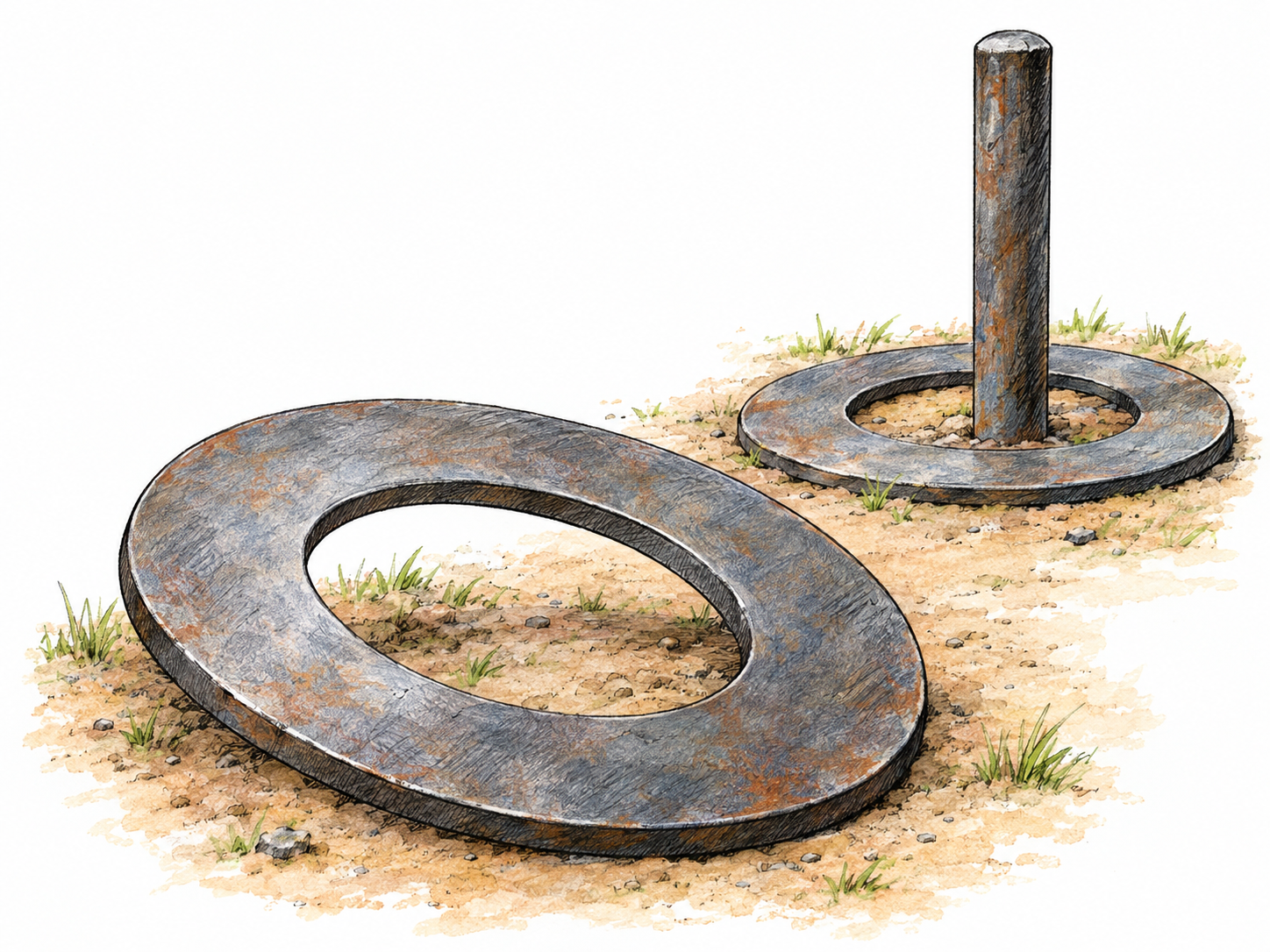 A broad, flat metal throwing ring shown prominently beside a simple ground stake, with another matching ring encircling the stake to establish the target-game context.