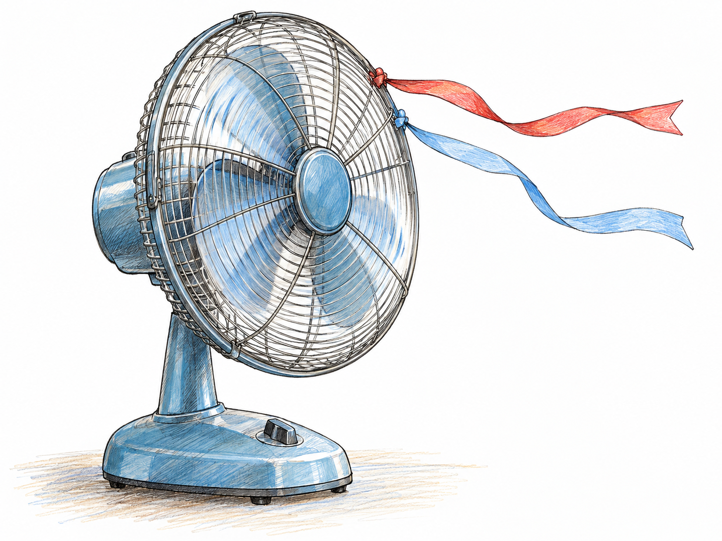 A running tabletop electric fan, shown in three-quarter view with recognizable rotating blades behind its safety grille and two short ribbons streaming outward from the grille to make the moving air visible.