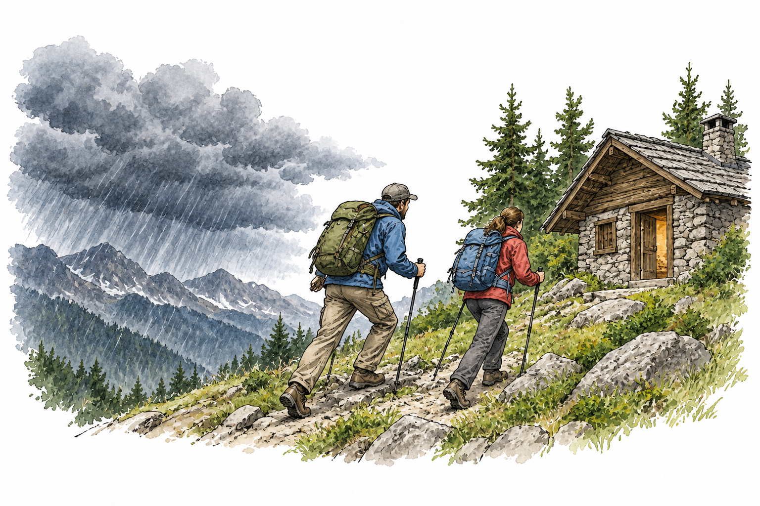 Two adult hikers withdraw from approaching storm toward a sheltered cabin.