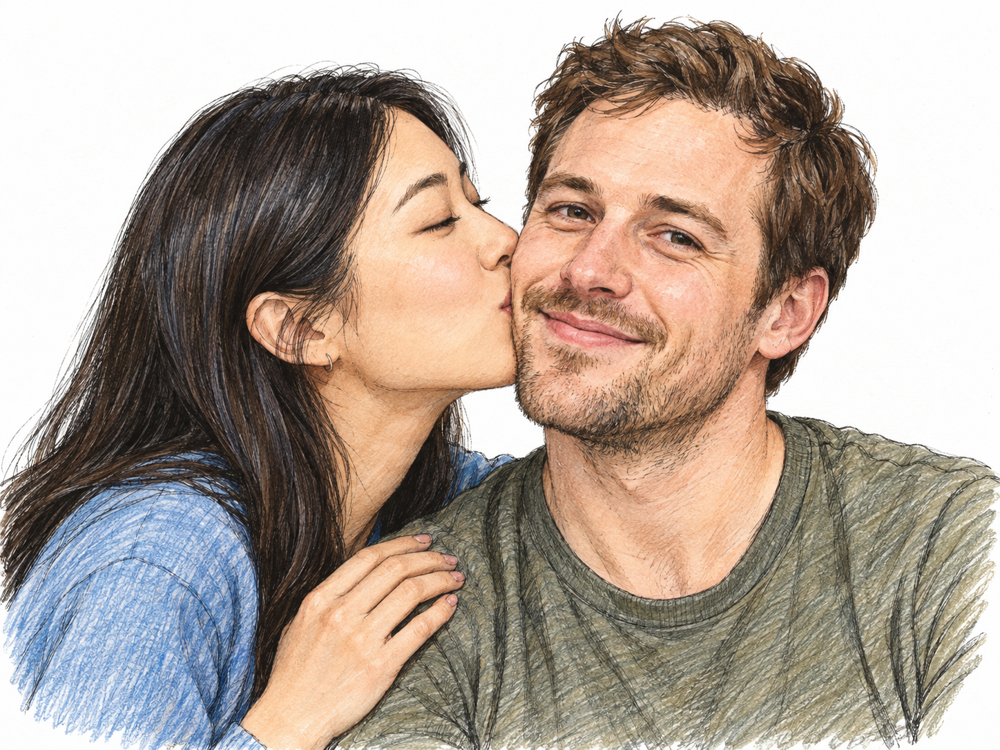 A young adult woman affectionately kisses her similar-aged male partner on the cheek, with unmistakable lip-to-cheek contact.
