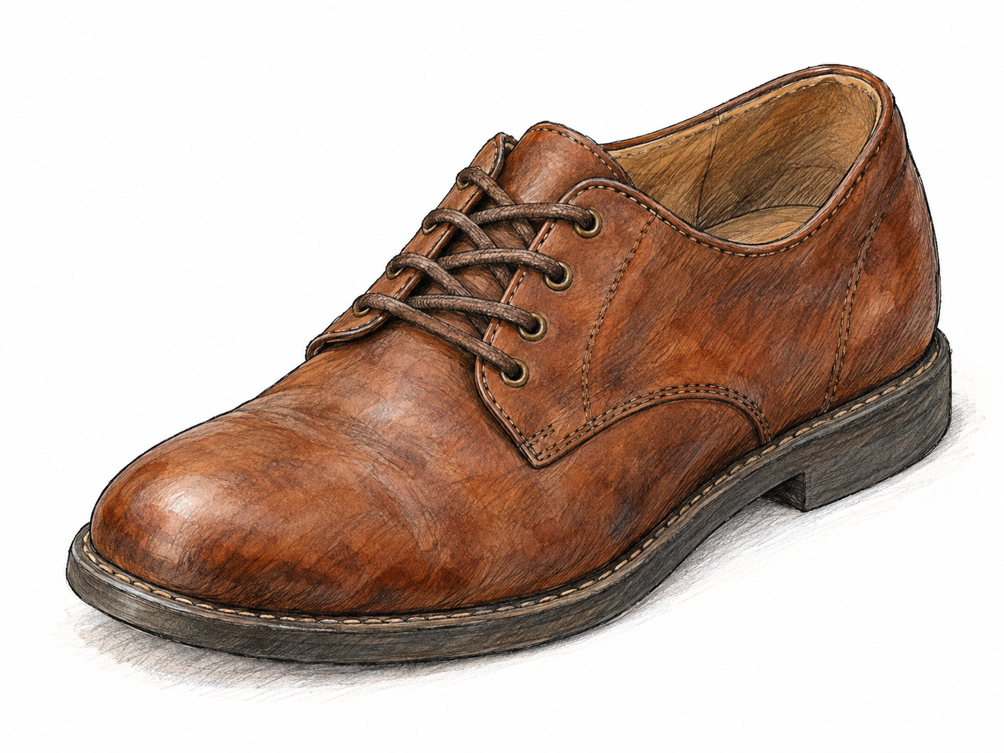 A single recognizable brown leather lace-up shoe, viewed from above at a three-quarter angle so its foot-shaped enclosure, opening, laces, and protective sole are clearly visible.