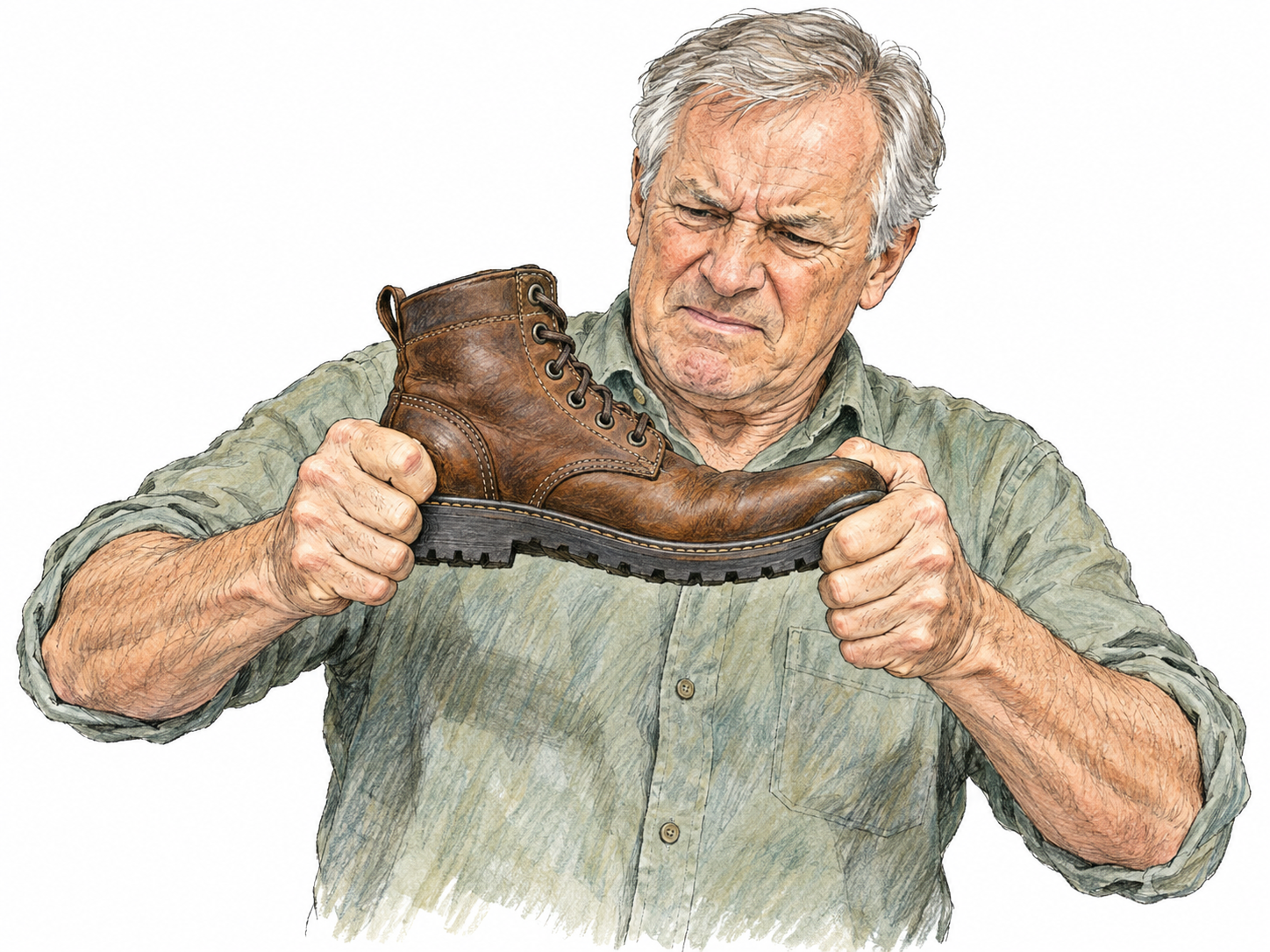 An older man tests a stiff boot sole, gripping the heel and toe and trying to bend them toward each other; despite visible effort, the thick sole remains almost straight.