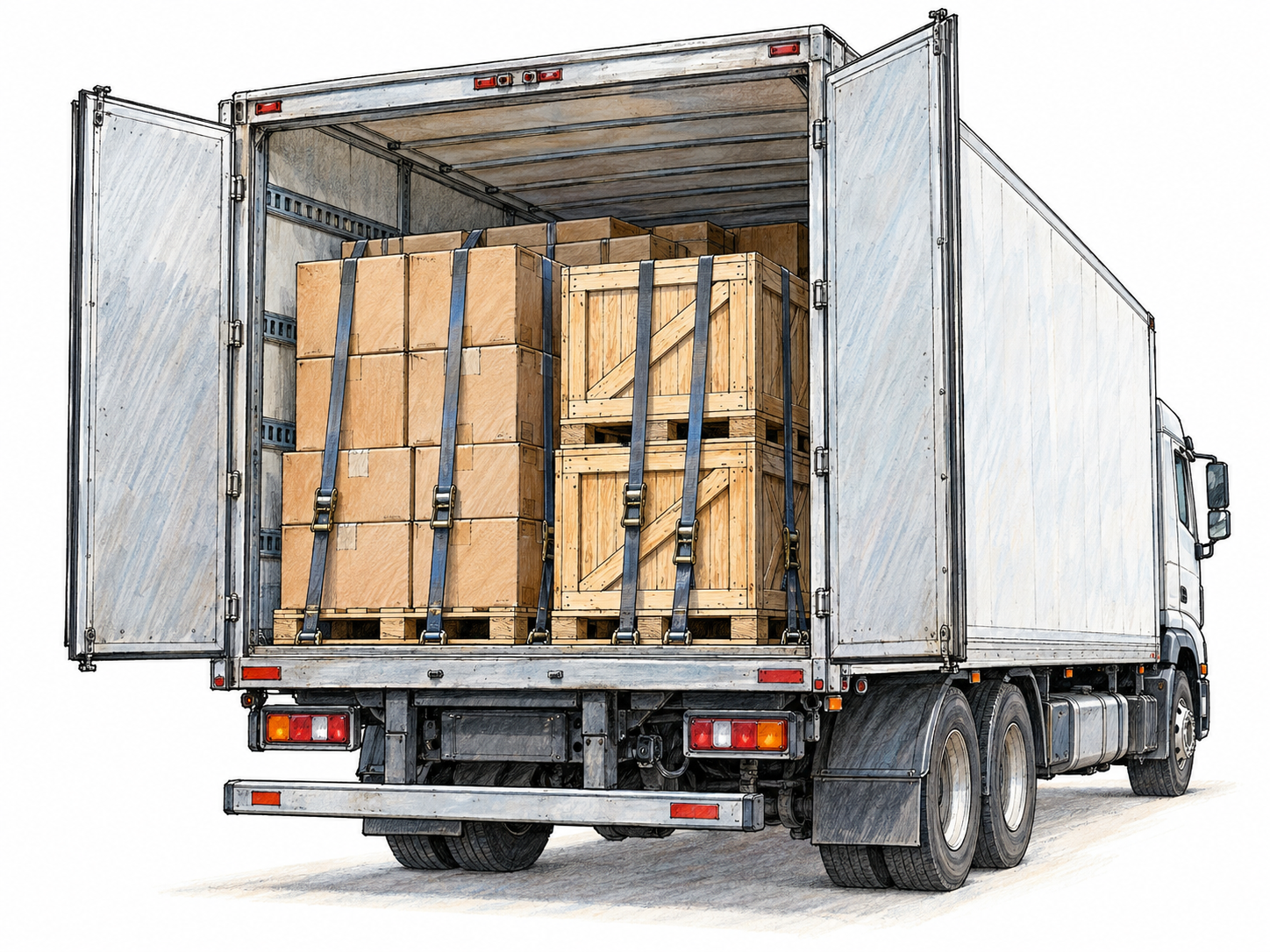 A rear three-quarter view of a large freight truck with its cargo doors open, revealing tightly packed, strapped pallets of plain cartons and wooden shipping crates.