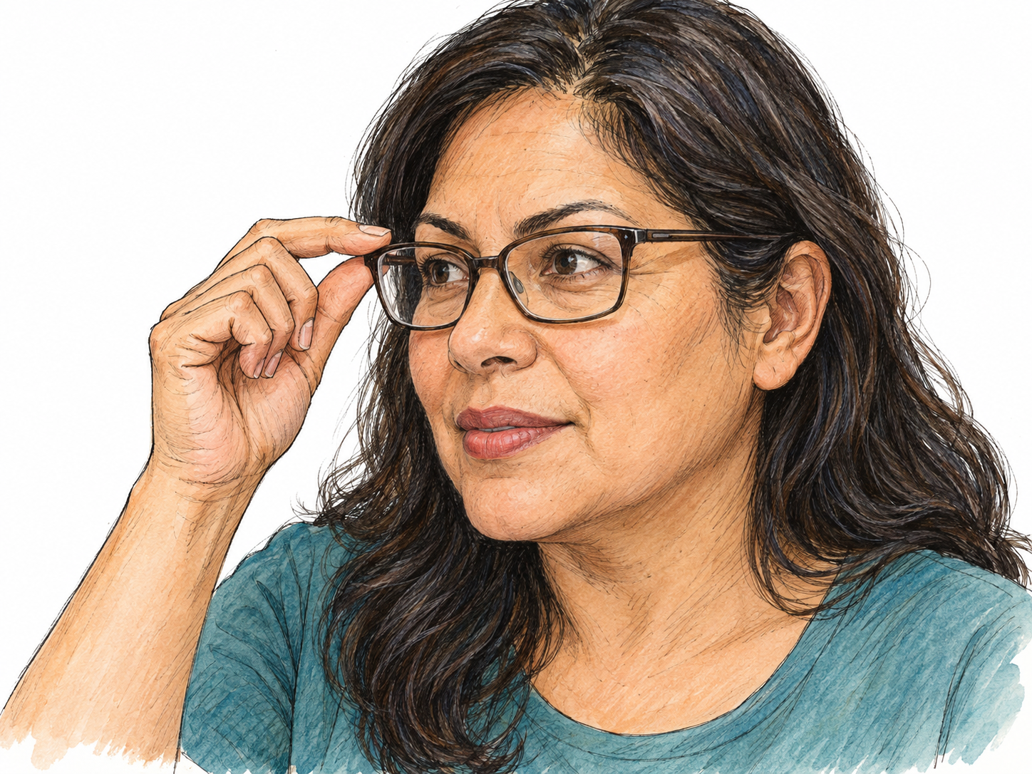 A woman makes a small adjustment to the fit of her eyeglasses, gently nudging the frame upward onto the bridge of her nose.
