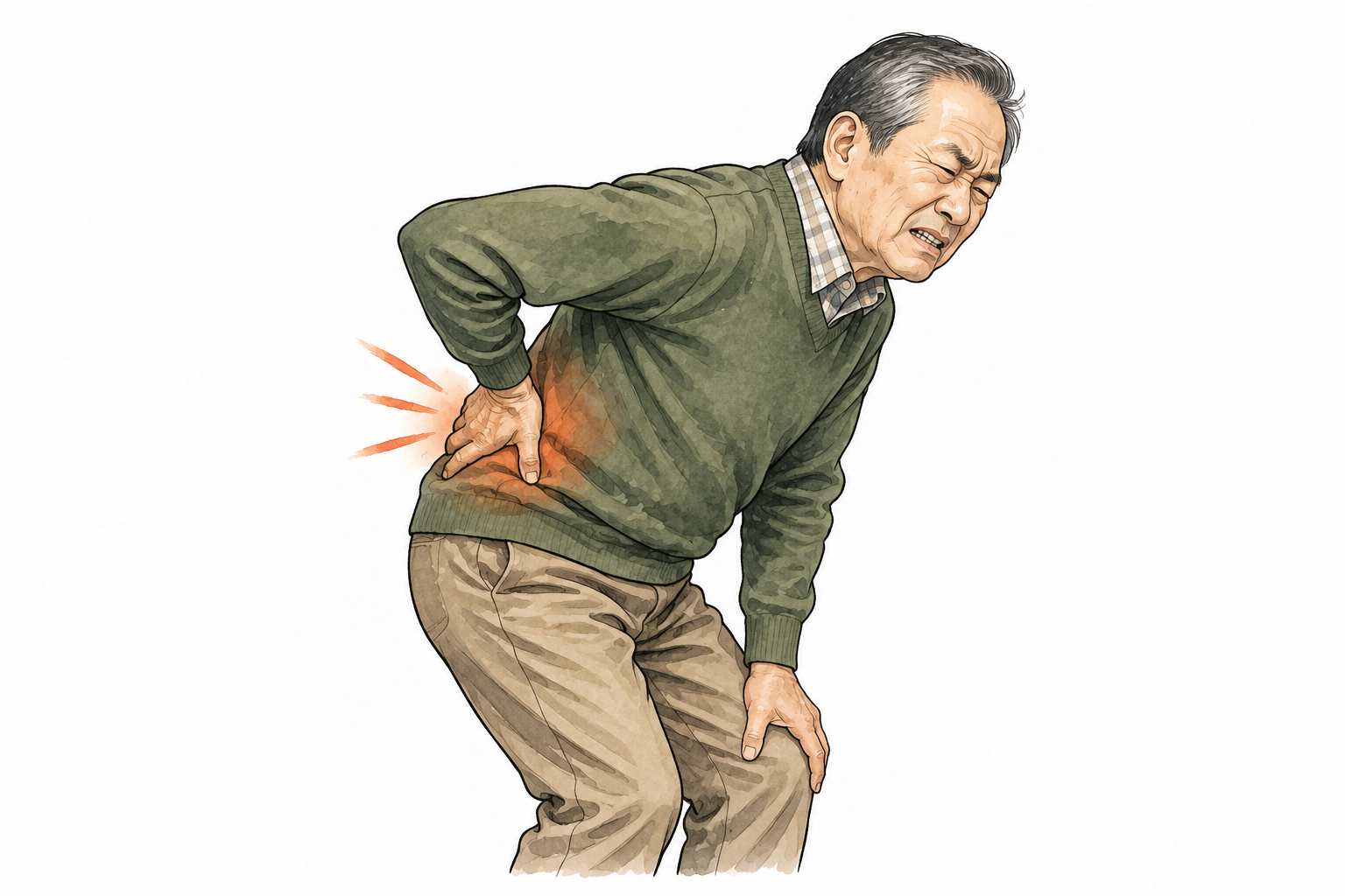 An older East Asian man touches aching lower back with one hand and winces, small warm pain highlight through clothing.
