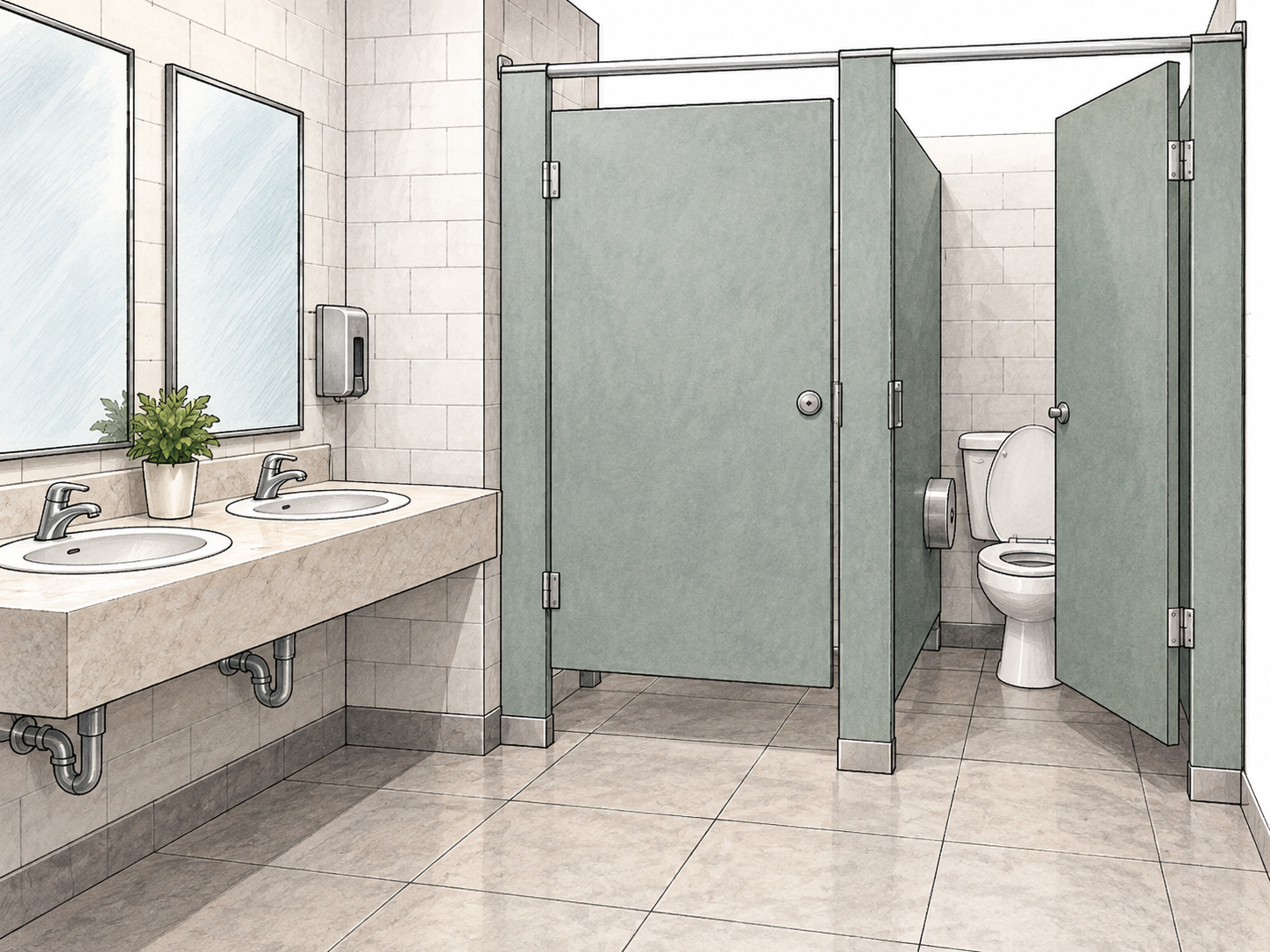 Clean public restroom interior with two sinks and two enclosed toilet stalls, one stall door ajar showing toilet, no signs, no people; compact architectural vignette.