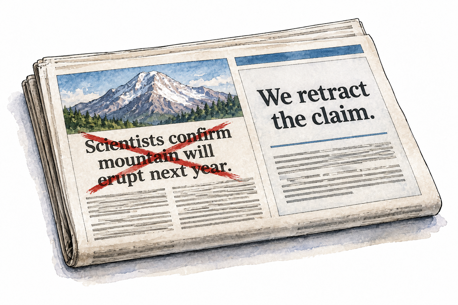 A newspaper prints a clear correction note reading exactly “We retract the claim.” with earlier crossed-out statement beside it.