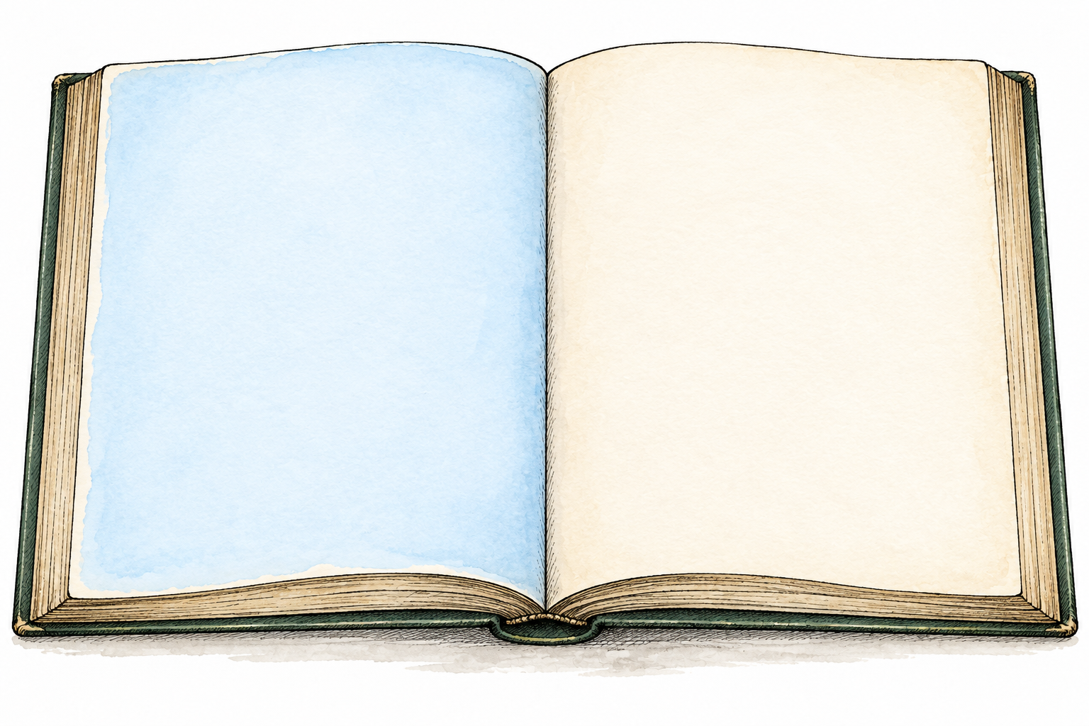 Open book viewed from above; left page softly highlighted pale blue while right page plain cream; no writing anywhere.