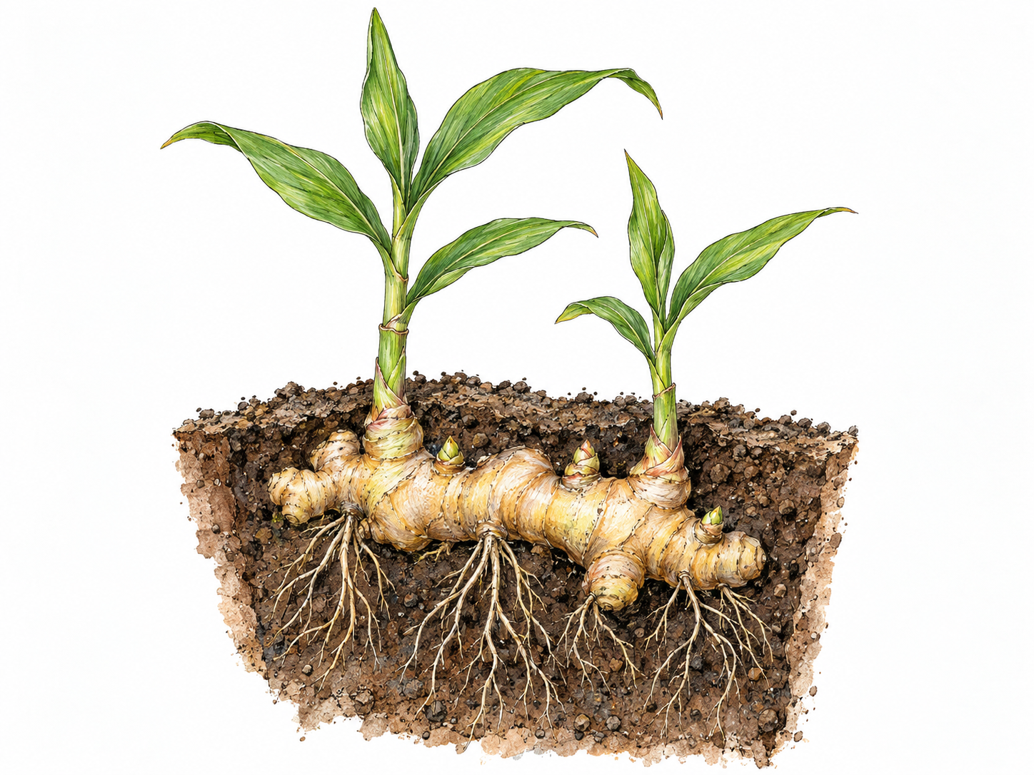 A simple cutaway of a living ginger plant reveals a thick horizontal underground rhizome, with slender roots growing downward and green shoots growing upward from its visible nodes.