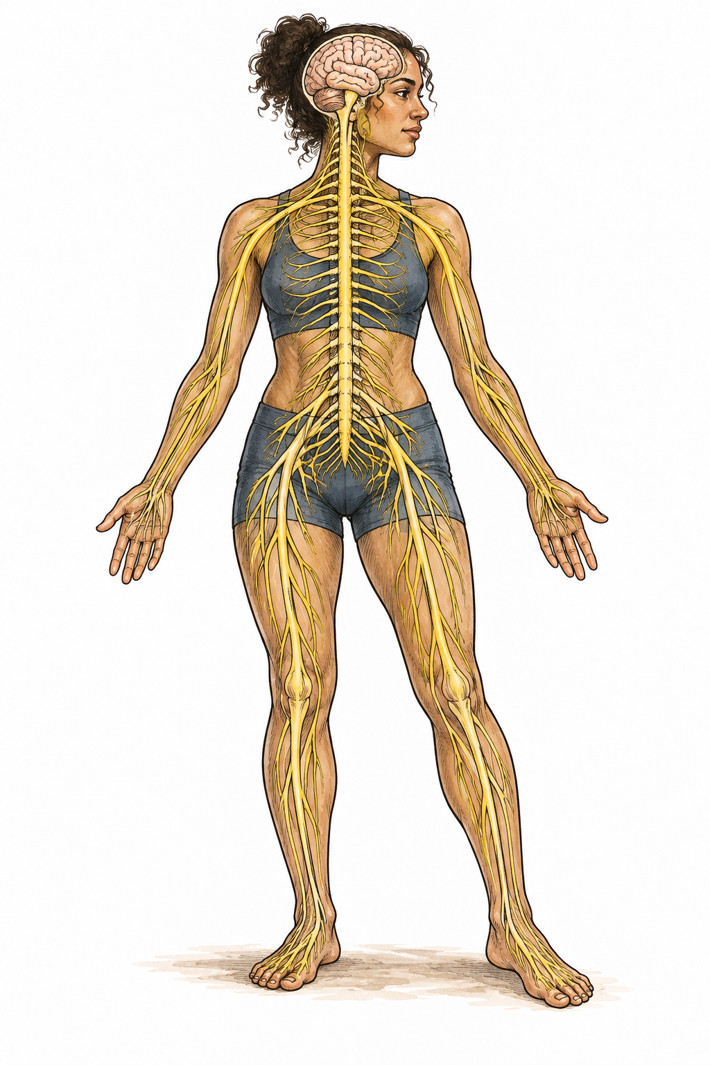 Human silhouette with a clearly branching peripheral nerve network extending from the spinal cord into limbs, clean educational drawing without labels.