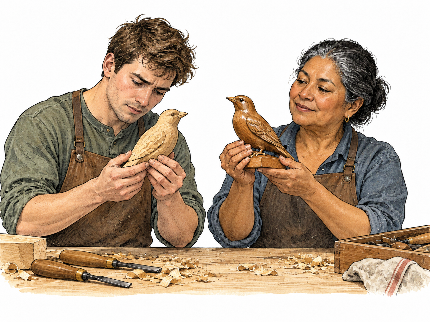 Young adult white woodworker compares own carefully carved wooden bird with an older craftswoman's admired polished example on bench, effort to match excellence, no lettering.