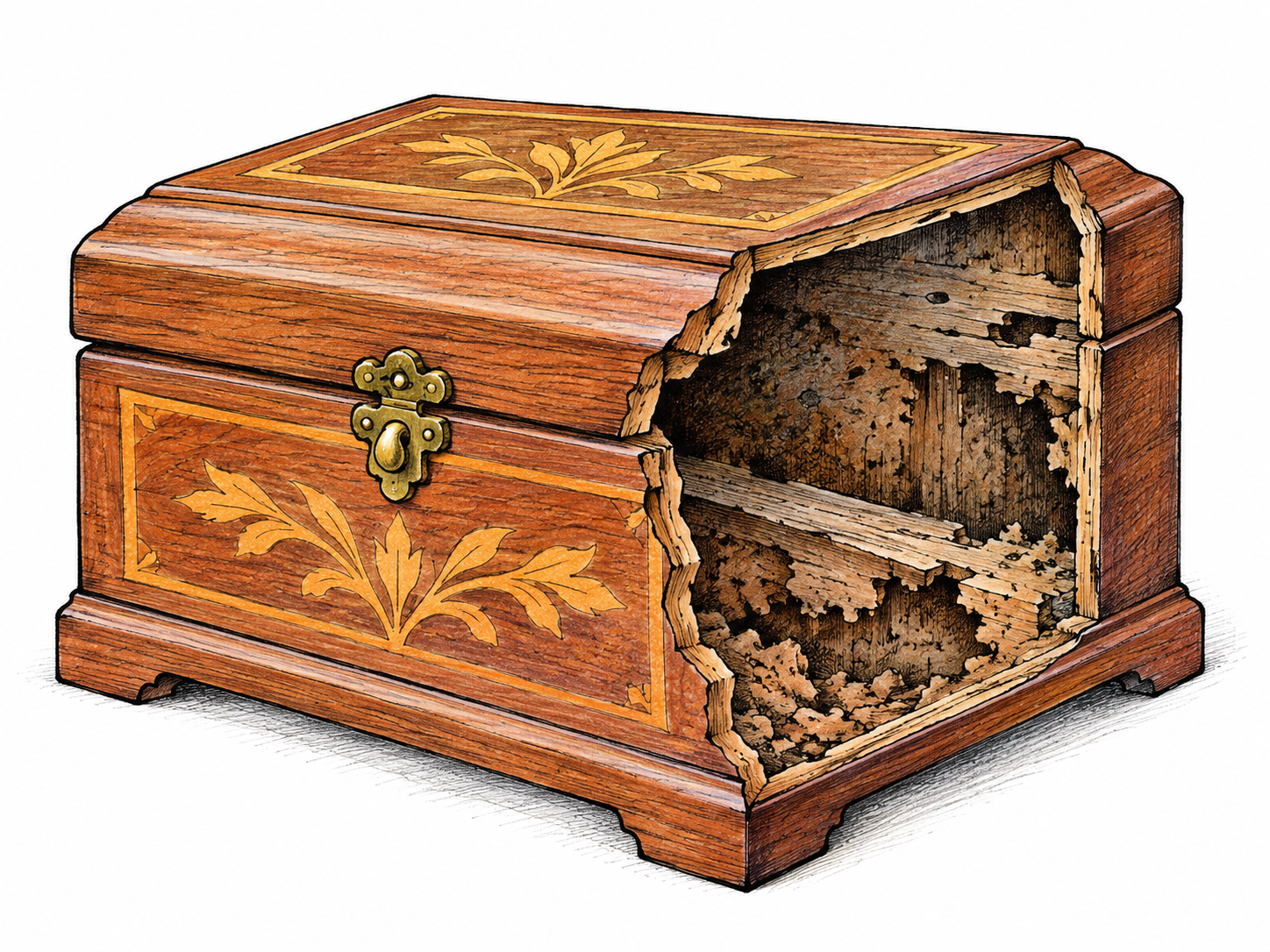 A brightly polished wooden box appears sound outside but an open cutaway reveals badly decayed interior; outward appearance gives a false impression, no deceptive person stereotype.