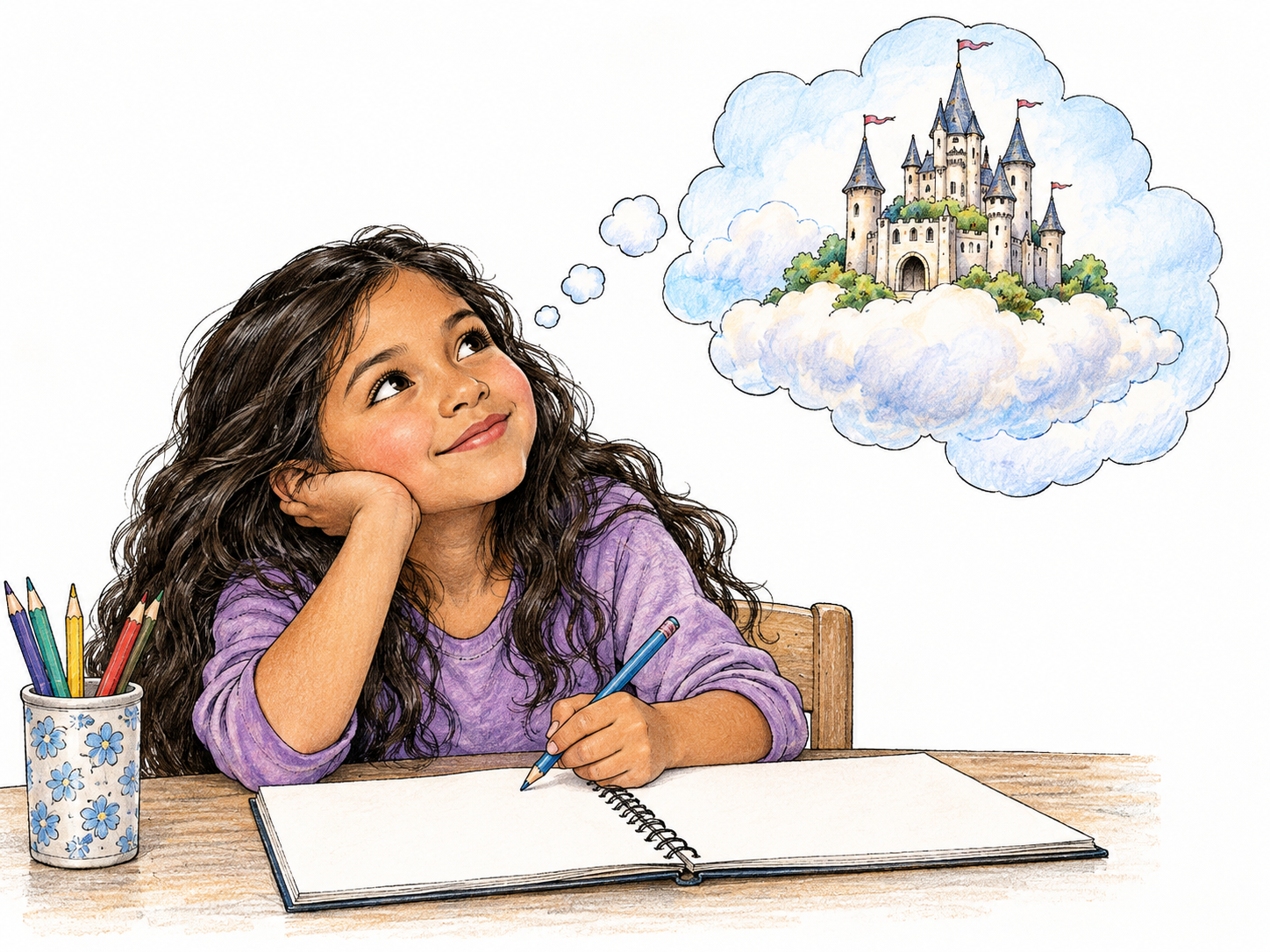 Child imagines a tiny impossible castle floating on a cloud above an open blank sketchbook; imagined vignette separate from real child, no words.