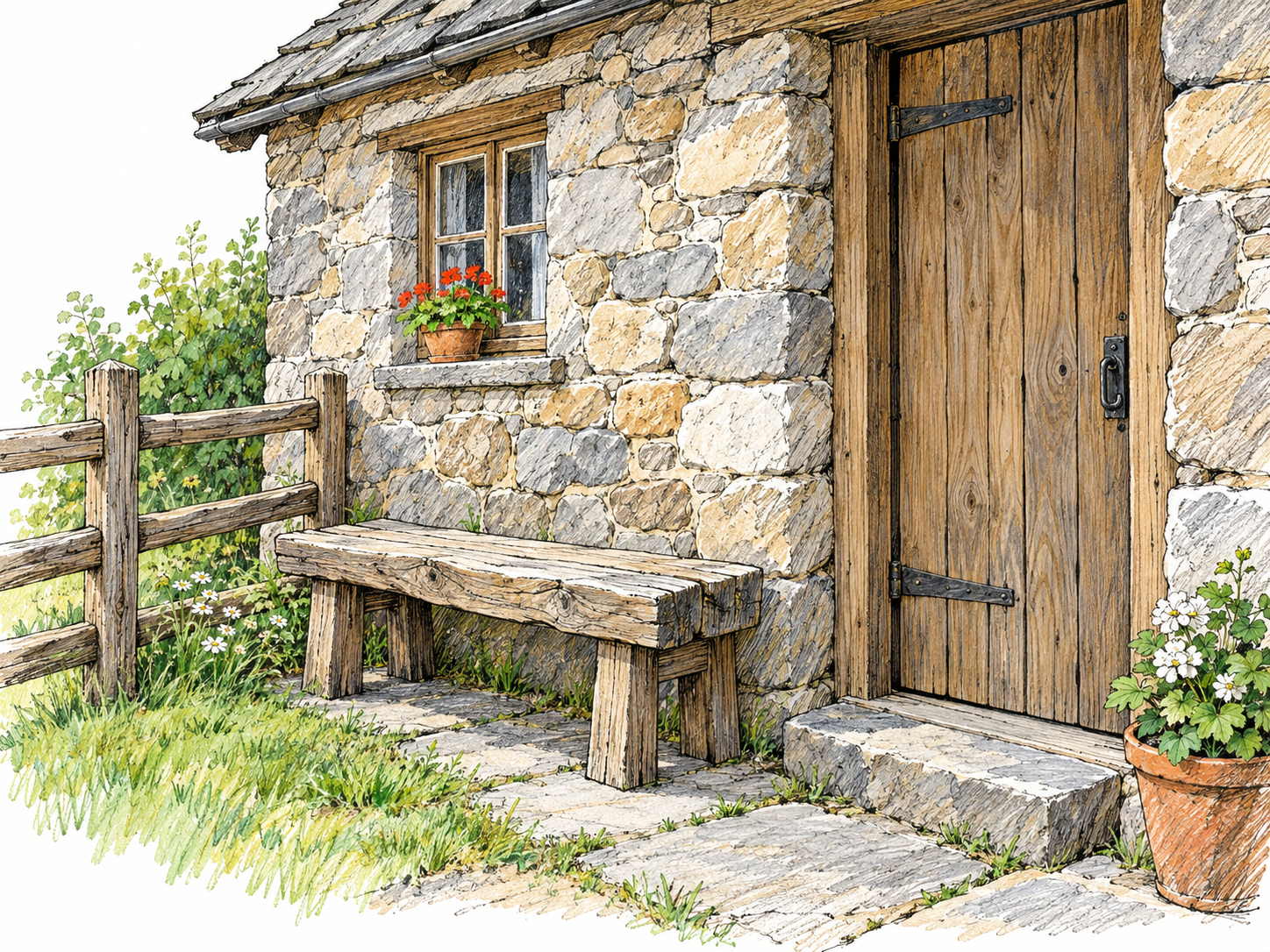 A simple country cottage corner with rough fieldstone walls, a wooden door, and a handmade plank bench beside a split-rail fence, emphasizing plain rural craftsmanship rather than decay.