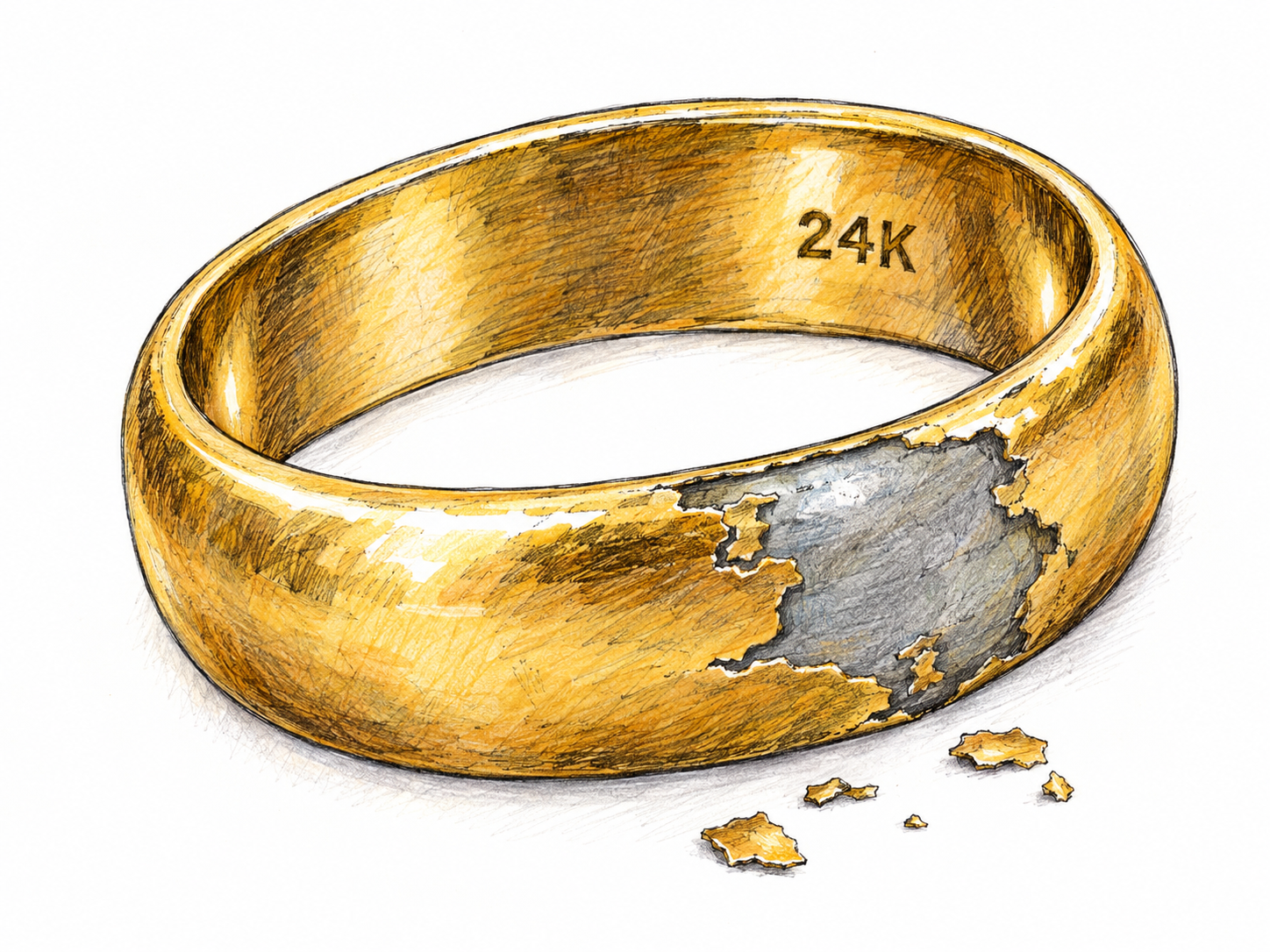 A supposedly solid-gold ring is exposed as phony: its gold-colored plating has flaked away to reveal dull gray base metal, contradicting its clearly visible “24K” stamp.