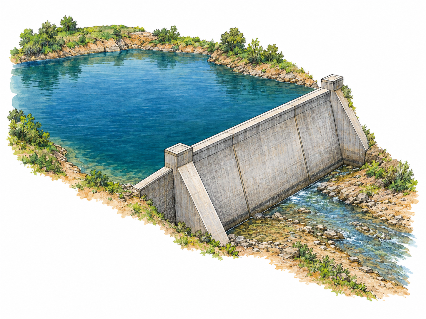 A cutaway view of a small dam retaining a substantial body of water, with the high water visibly held behind the solid barrier and only a shallow stream downstream.