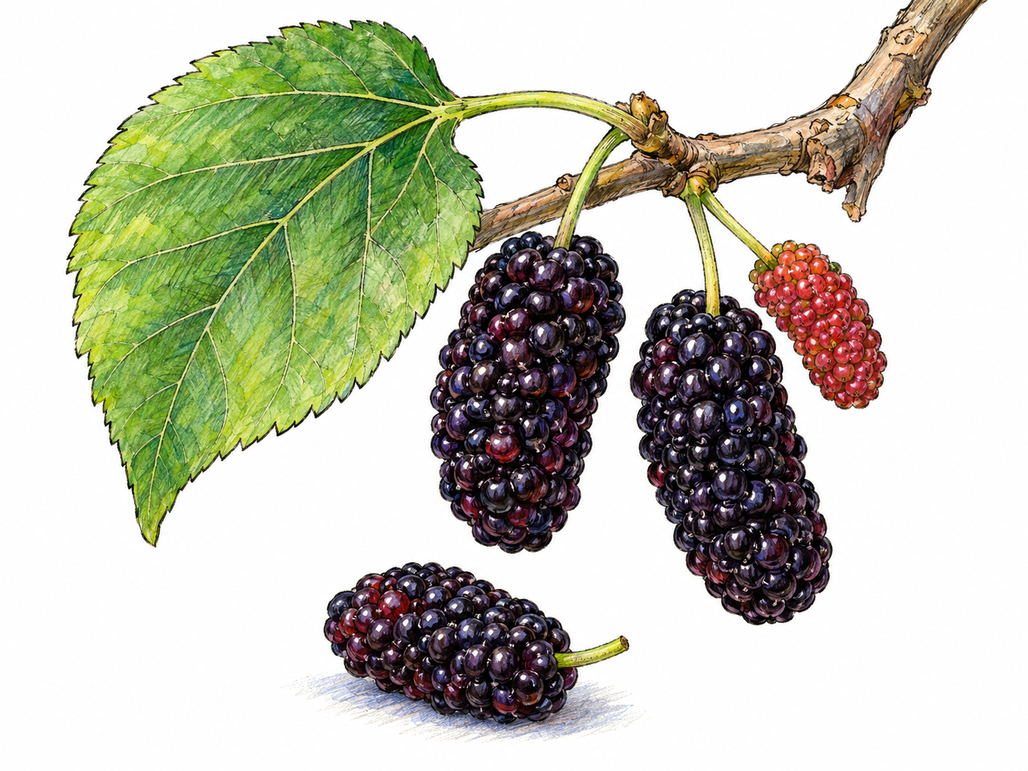 A small woody mulberry tree twig bears two elongated dark purple-black ripe mulberries composed of many small tightly joined fruitlets, hanging by slender stems.