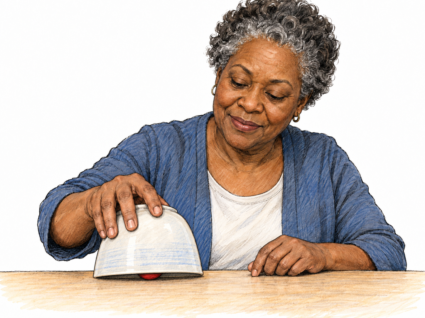 An older woman hides a small red ball beneath an opaque overturned bowl, lowering the bowl until only a narrow glimpse of the ball remains.
