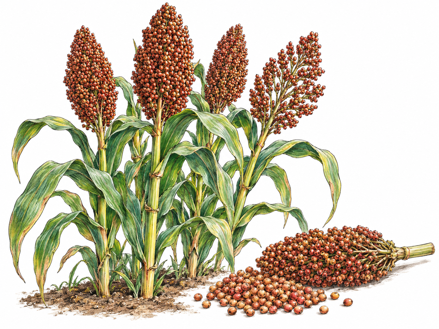 A small cluster of mature sorghum plants with tall jointed stalks, broad arching leaves, and dense reddish-brown grain panicles; one cut seed head and a small heap of round grains make the cereal crop recognizable.