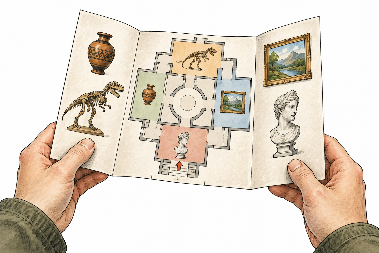 A small folded information leaflet with a simple illustrated museum floor map and pictorial exhibits, held by a visitor, essential map only, no letters or headings.