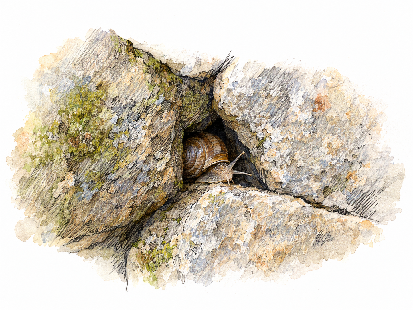 A close view of a small, narrow recess between two weathered stones, with a tiny snail partly tucked inside to make the opening's scale and hidden depth visible.