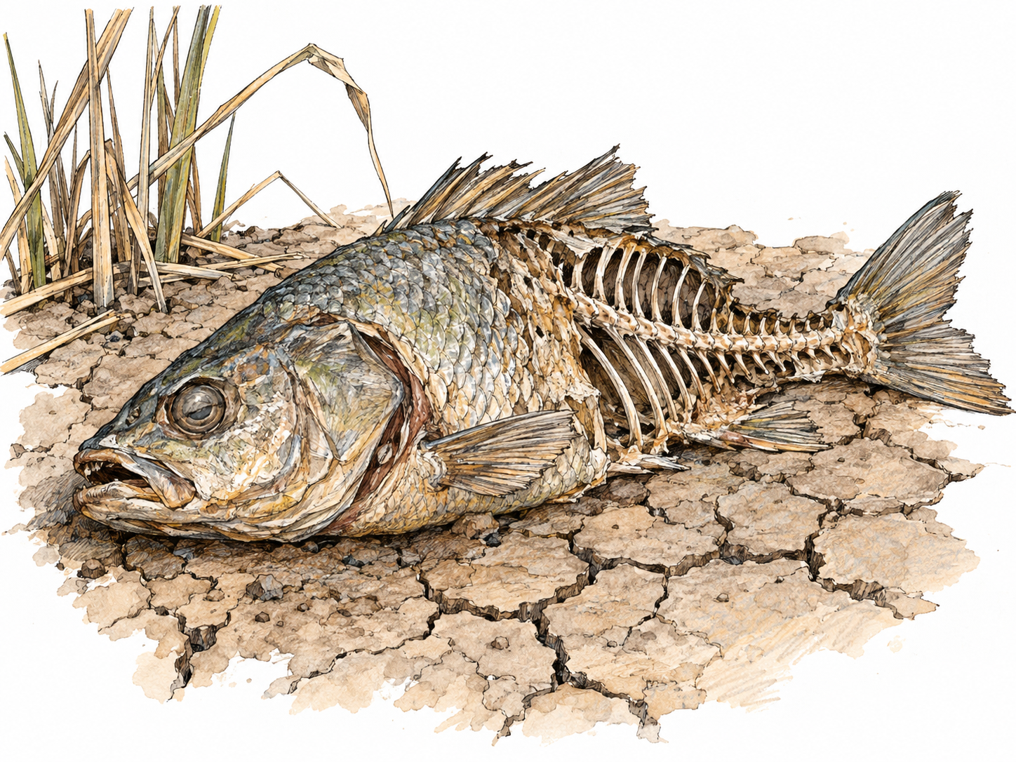 A fish has perished in a dried-up pond: its lifeless body lies on cracked mud, with dried fins and a partially exposed skeleton clearly indicating death rather than temporary stranding.