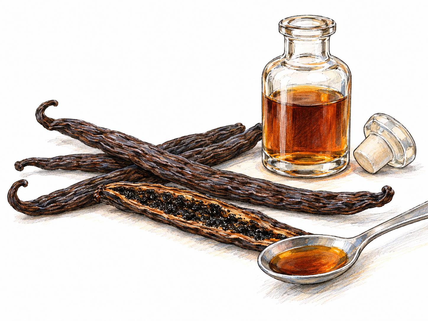 A close still life of vanilla flavoring: dark cured vanilla pods, one split to reveal its tiny black seeds, beside a small clear bottle of amber extract and a teaspoon holding the extract.