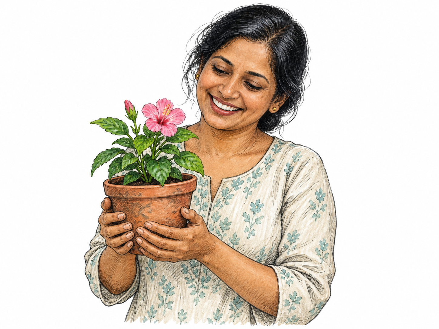 An adult smiles with deep delight while holding a newly blooming plant grown with personal care; simple clear joy, no exaggerated cartoon face.