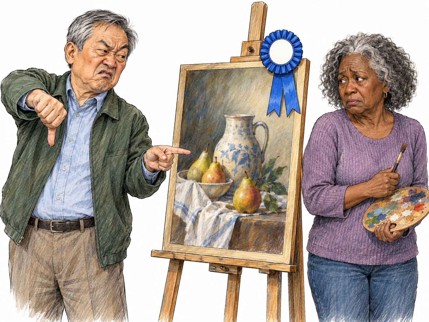 At a small art display, a man openly mocks an older painter and her accomplished still life.