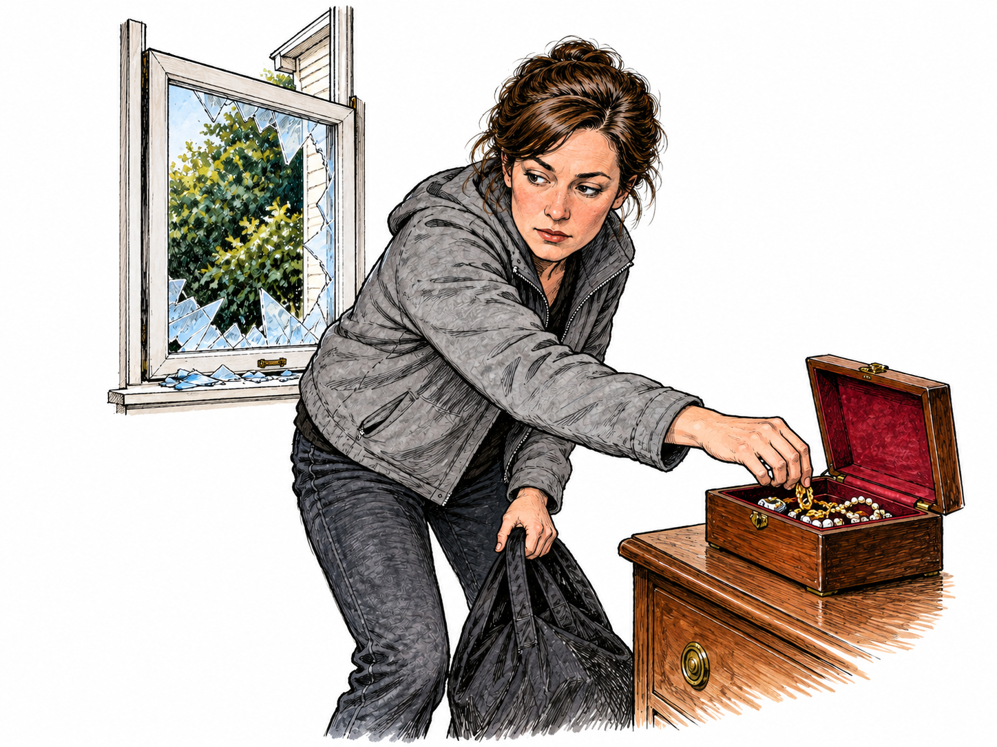 Intruder inside a house reaches toward a jewelry box while open forced window behind makes unlawful entry visible.