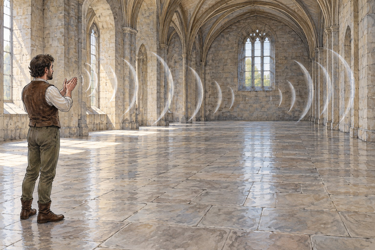Person claps in large empty stone hall, several successive faint sound-wave arcs reflect between walls after clap.