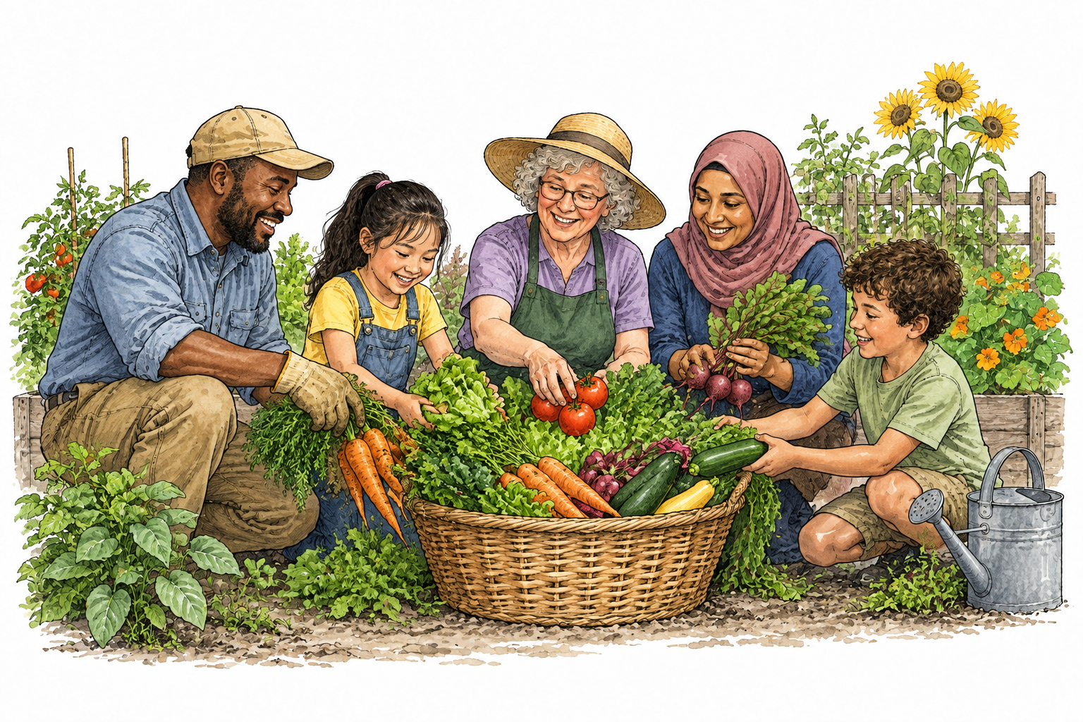 Diverse neighbors share a communal garden and a large harvest basket.