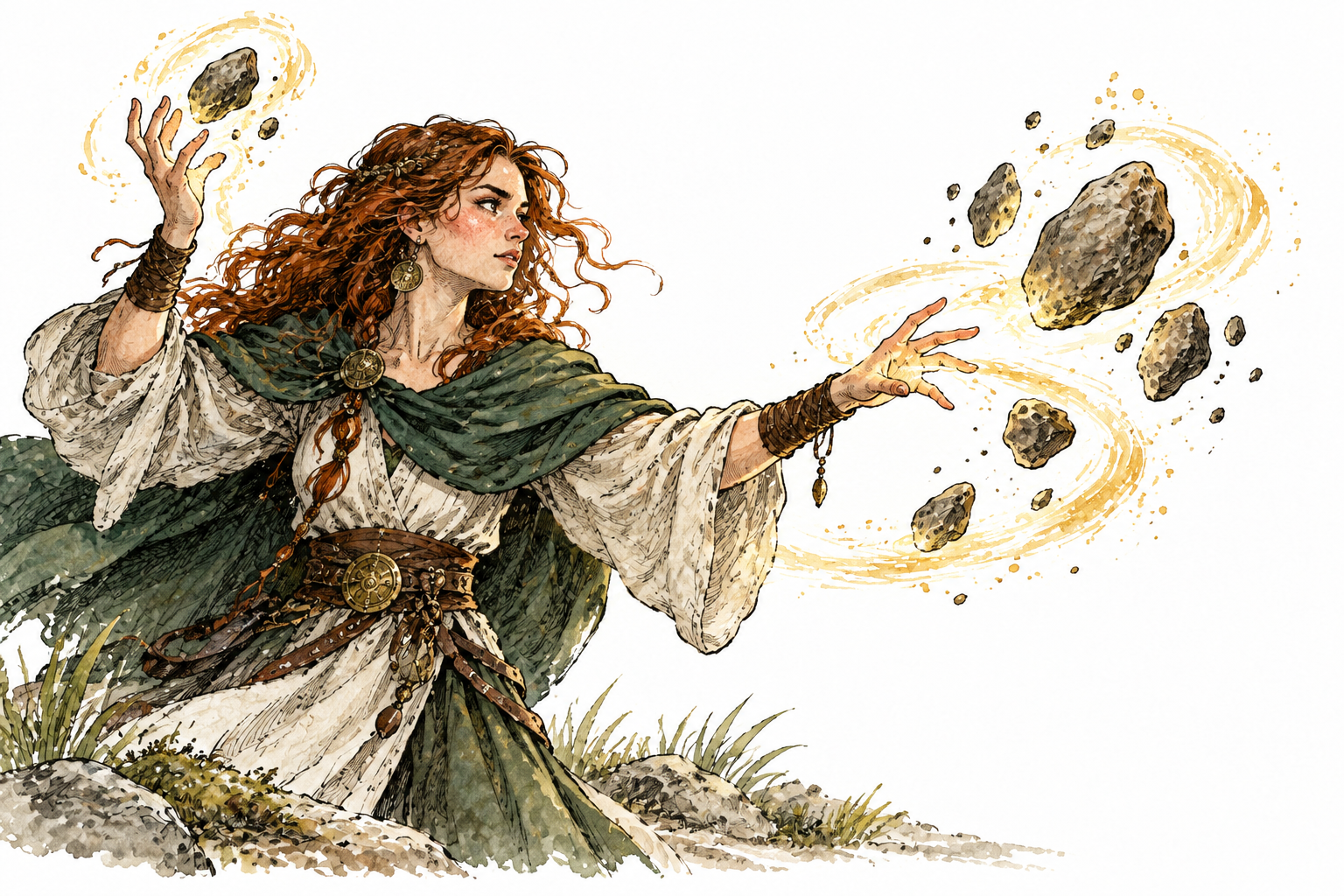 A female fantasy sorceress performs magic with levitating small stones and glowing light, expressive natural editorial ink, no written runes.