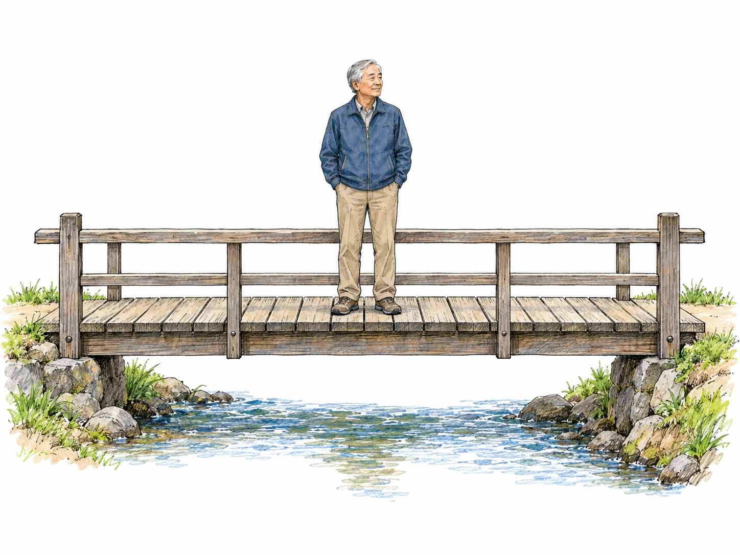 An older man stands at the midpoint of a short footbridge, with equal lengths of bridge visibly extending toward its two ends.