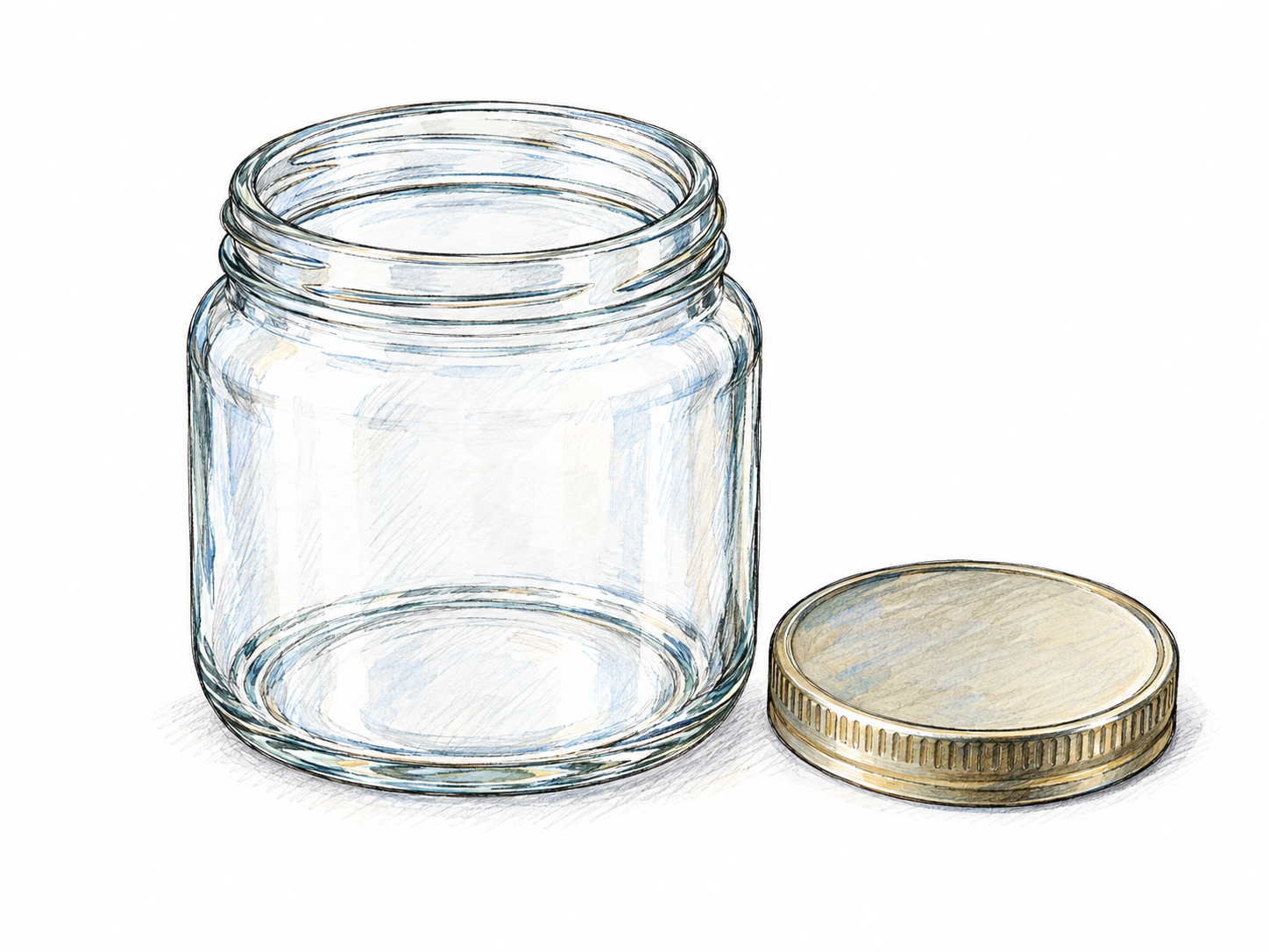 A single open glass jar with a broad circular mouth, short threaded neck and rounded cylindrical body; its matching screw lid rests beside it.