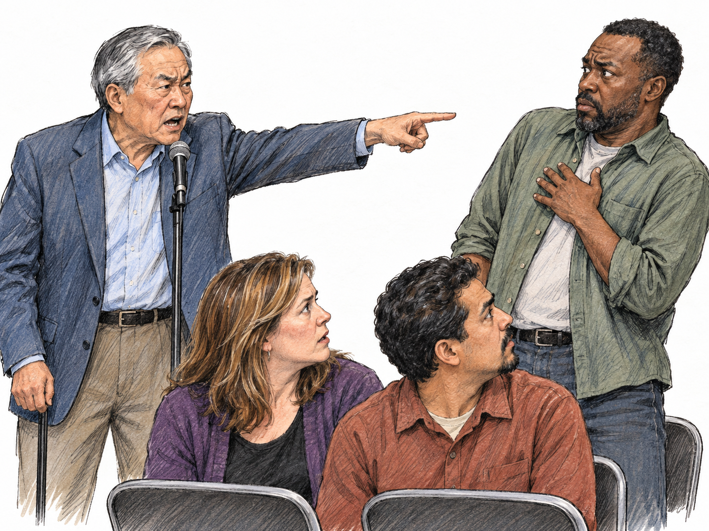 At a public meeting, an angry speaker at a microphone openly points an accusing finger at a nearby man, who recoils under the attention of seated witnesses.