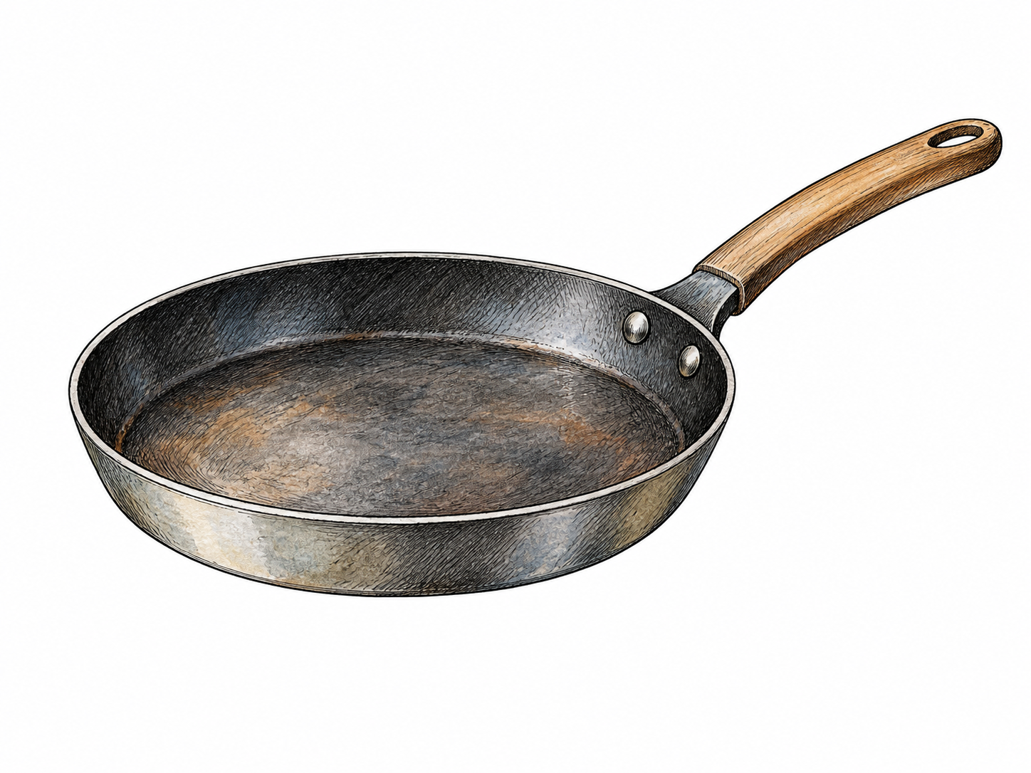 Simple shallow frying pan with handle, clear low sides and cooking surface, no logos.