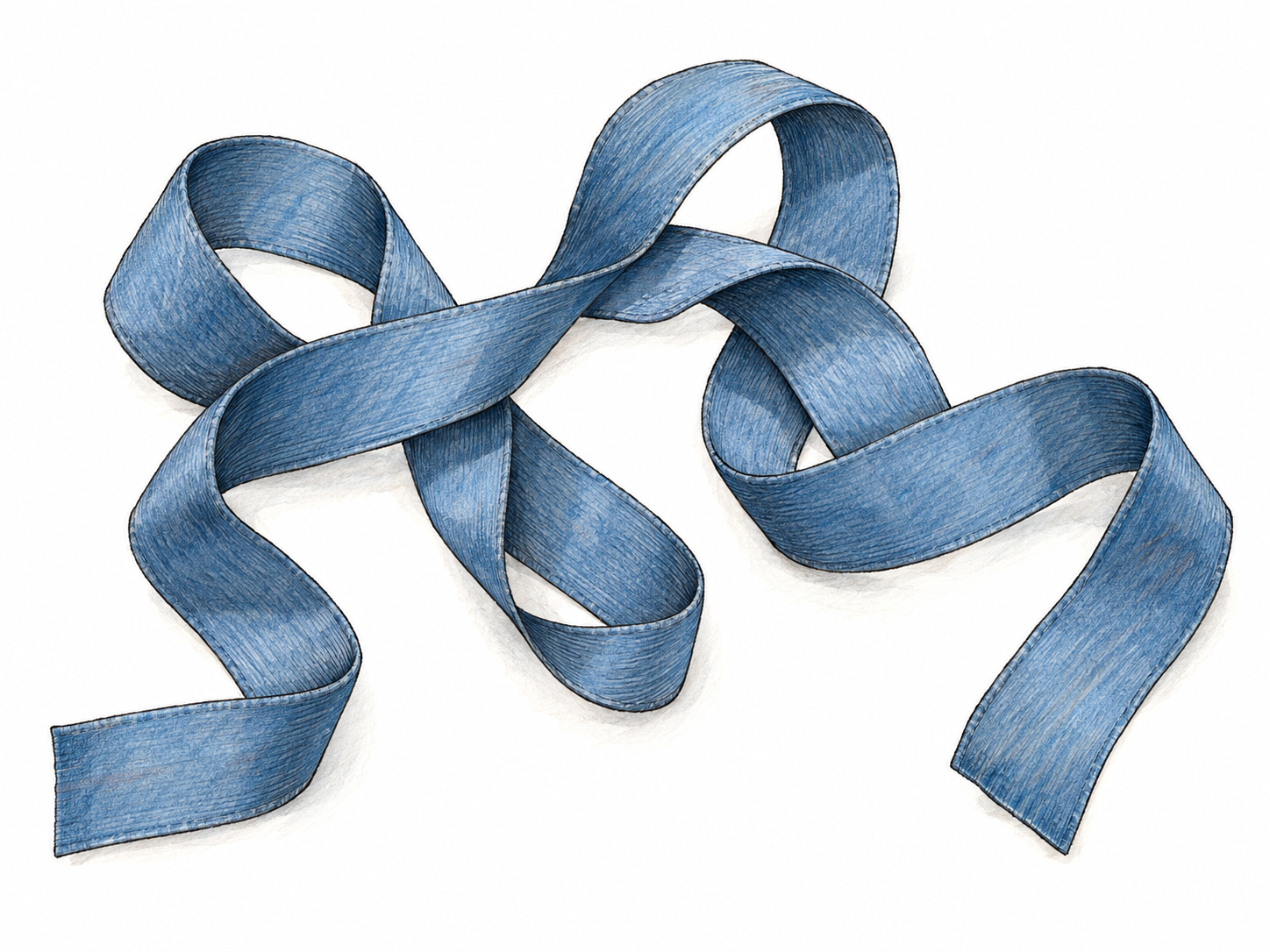 A single broad ribbon curls into a complicated series of interlocking twists and folds, with its two free ends visible so the winding path can be followed.