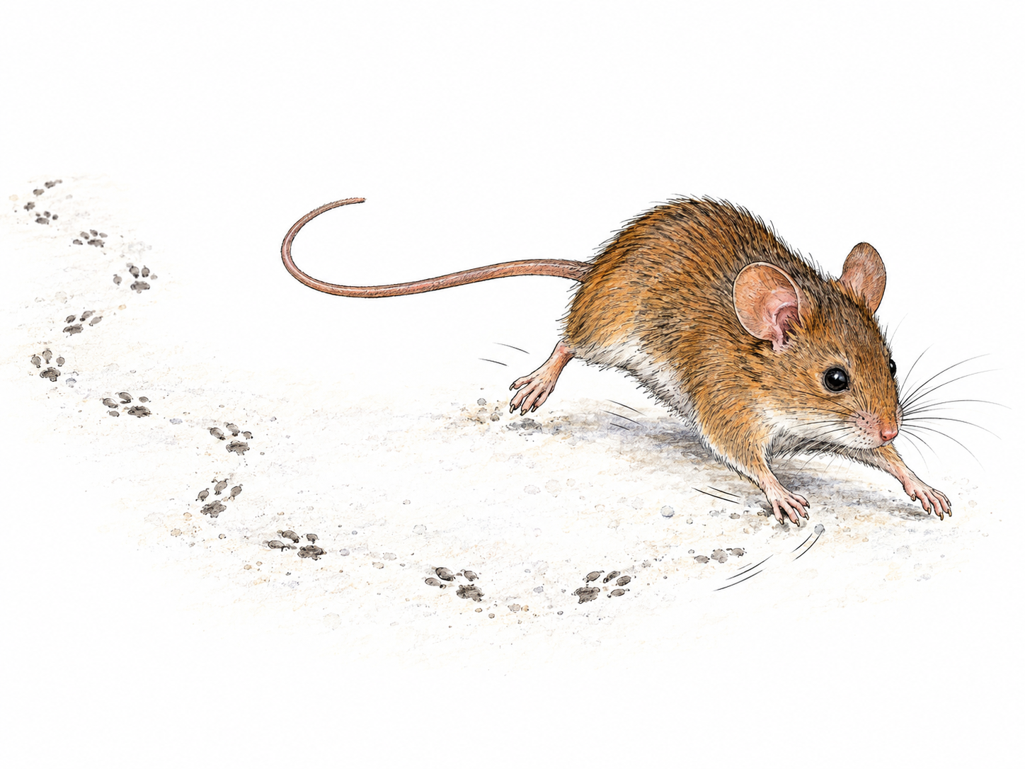 A small mouse makes a sharp, light-footed turn across a dusty surface, leaving a short, irregular zigzag trail of tiny pawprints.