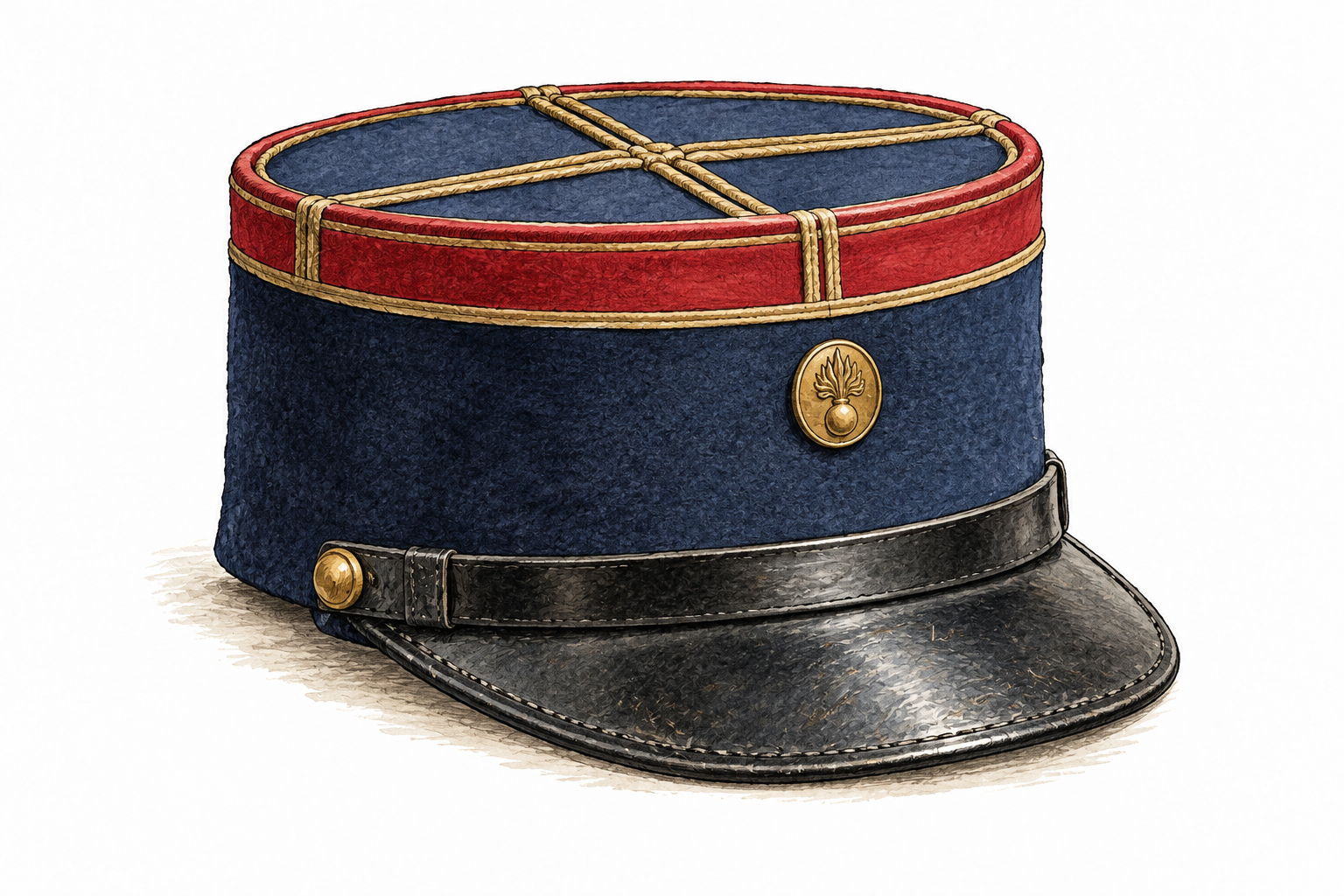 A historical flat-topped military kepi with short visor, neutral artifact study.