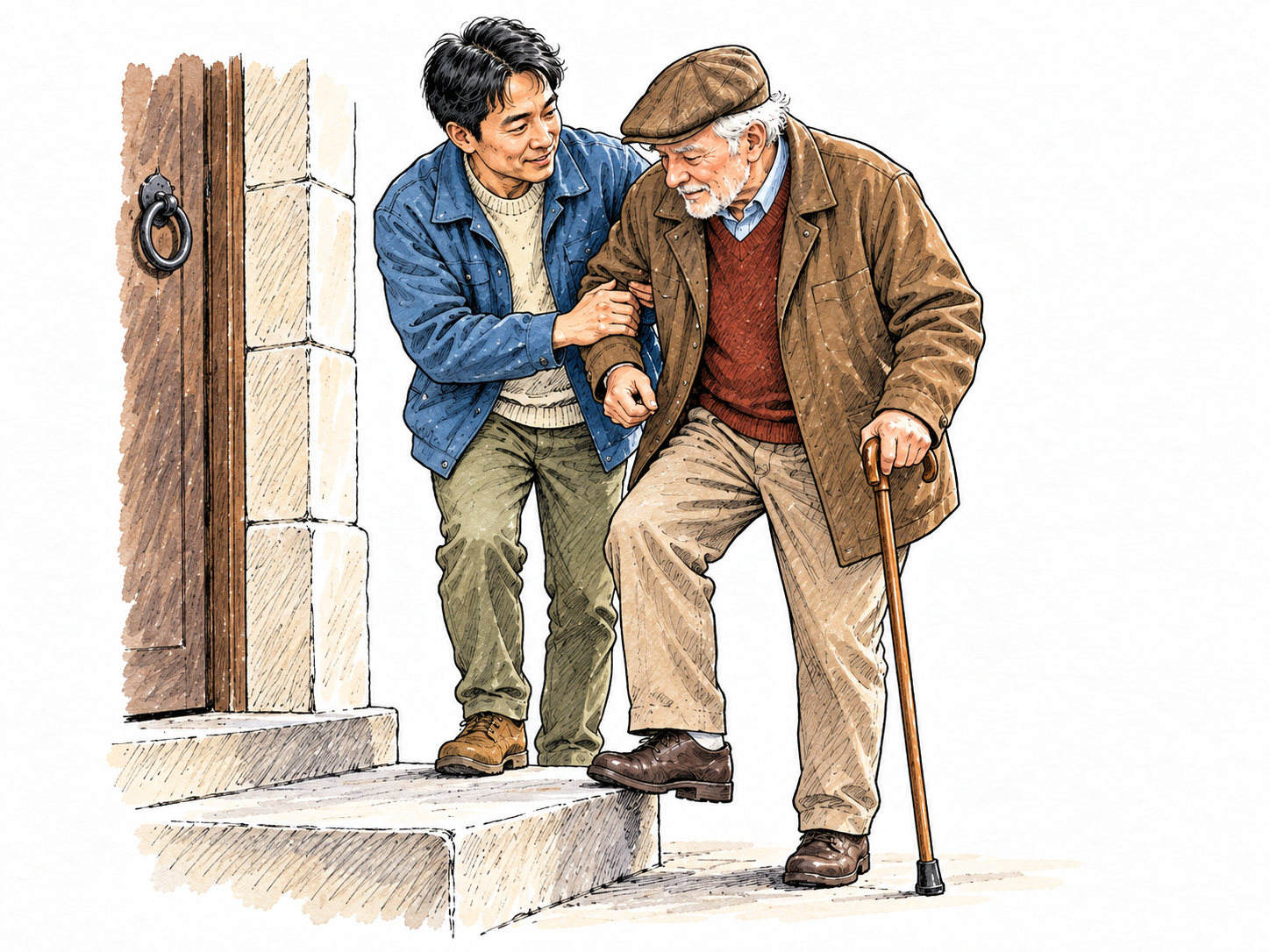 Adult Asian volunteer helps elderly white man walk safely up a single step, holding his forearm, clear practical help, ordinary street, no signs.