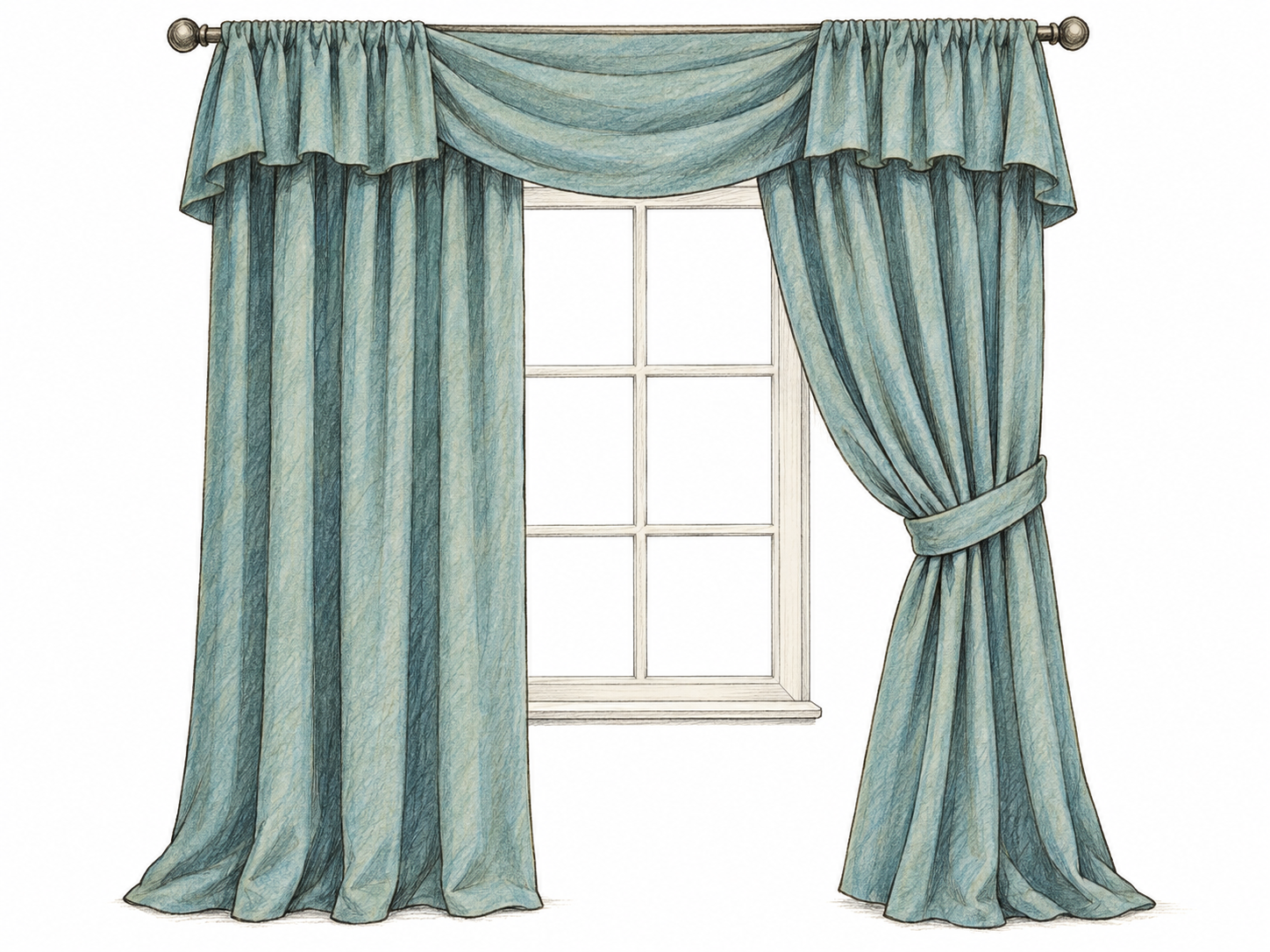 A simple window framed by full-length cloth curtains with deep hanging folds and a softly swagged fabric valance, making the arranged cloth the unmistakable subject.
