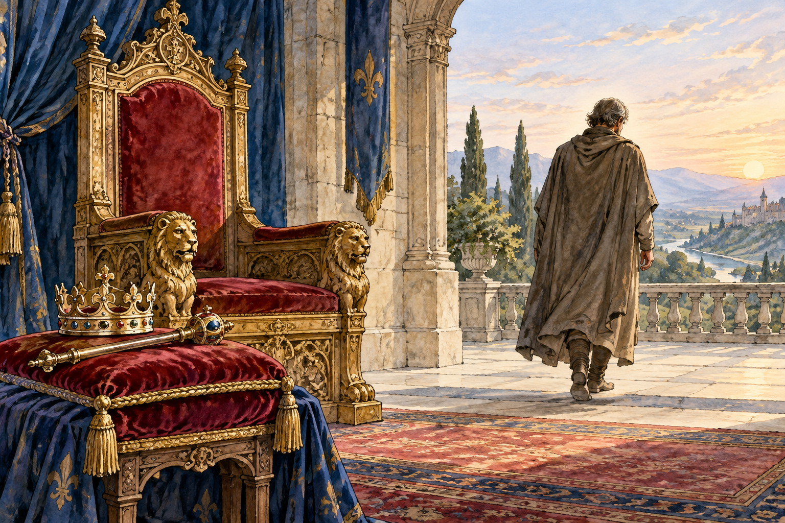 An empty royal throne with a crown and scepter set aside on a cushion while former ruler walks away in simple cloak, act of relinquishing office.