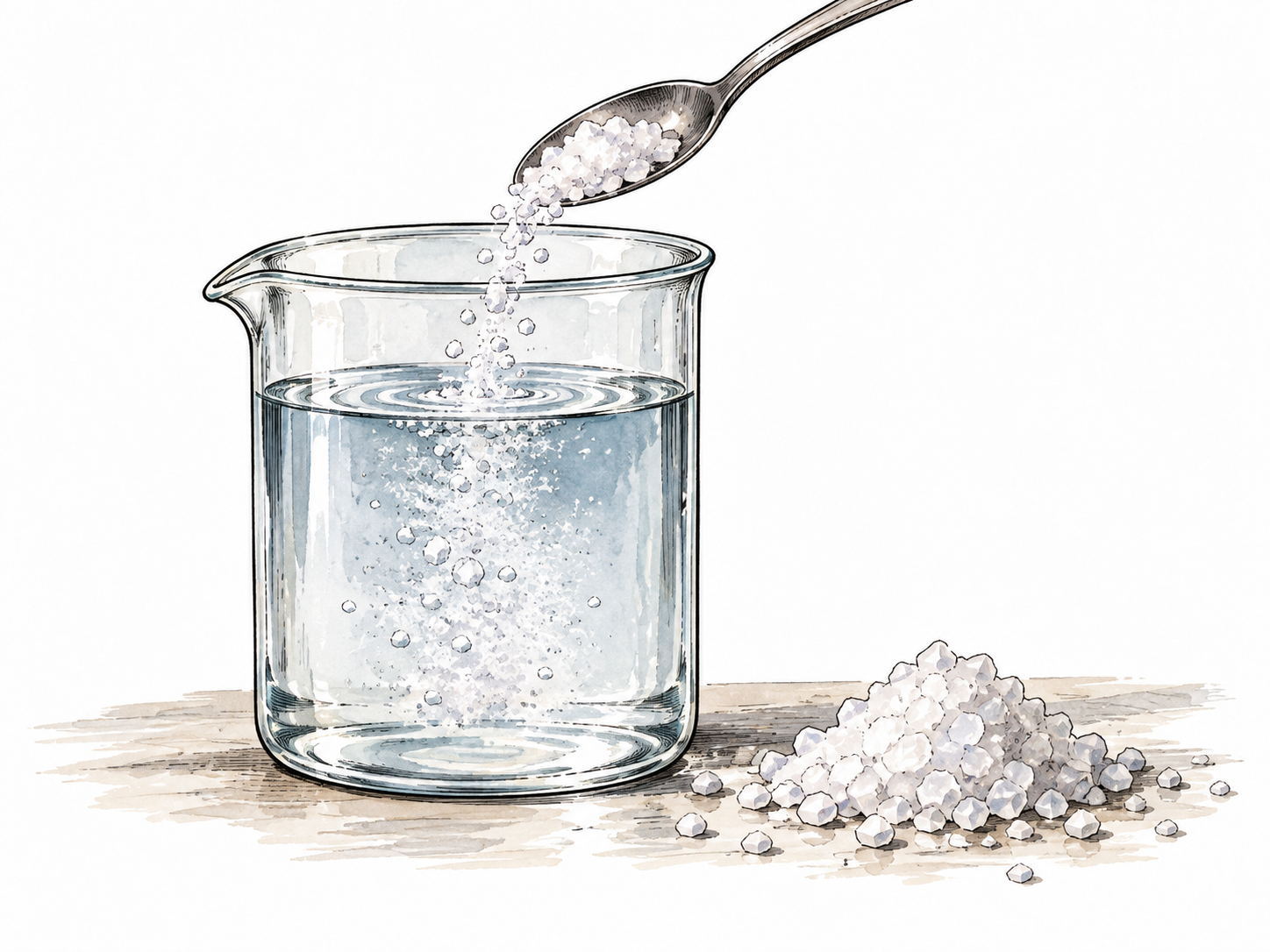 Salt dissolving into transparent water beaker, spoon and salt crystals beside it.