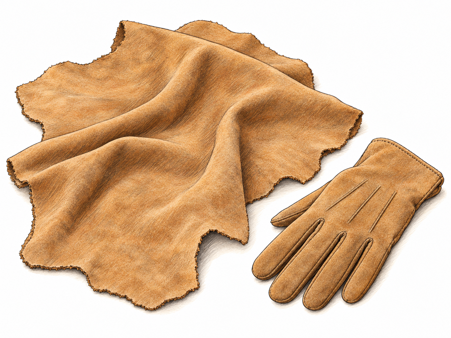 A supple tan suede hide loosely folded beside a matching suede glove, with clearly drawn short nap and soft changes in shade where the nap runs in different directions.