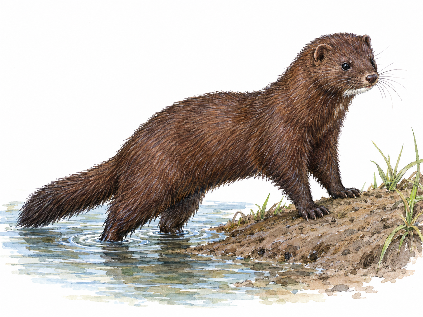 A single mink stepping from shallow stream water onto a low bank, clearly showing its small, slender body, short legs, rounded ears, pointed muzzle, dense dark-brown fur and tapering furry tail.