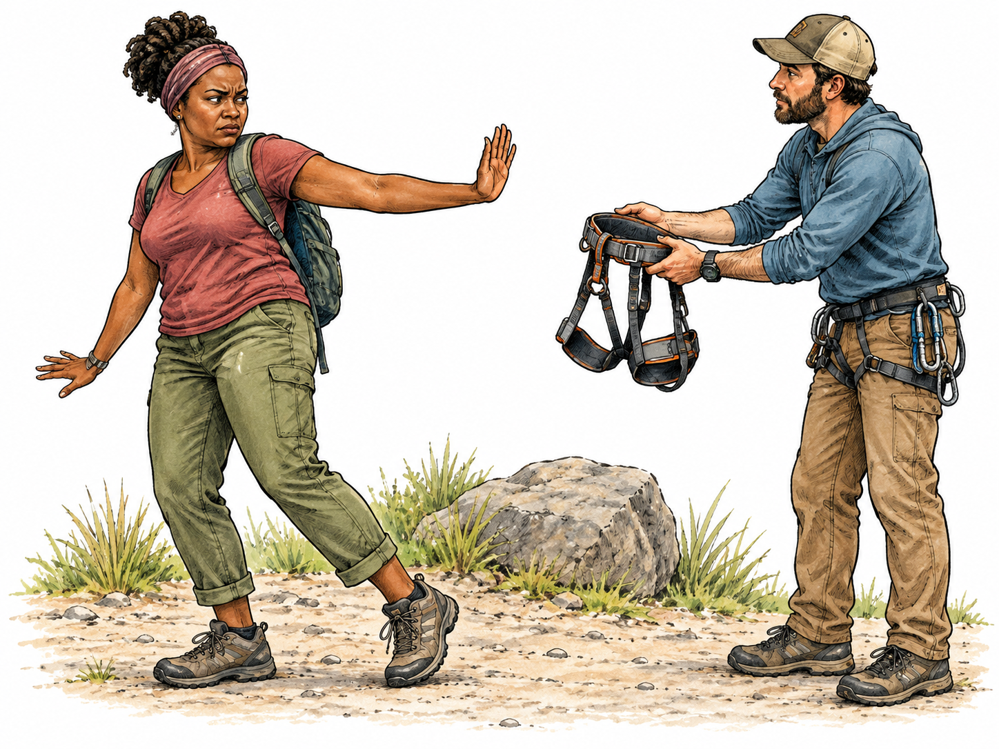 An adult Black woman firmly refuses an offered climbing harness with an open palm and a decisive backward step while an instructor waits patiently.