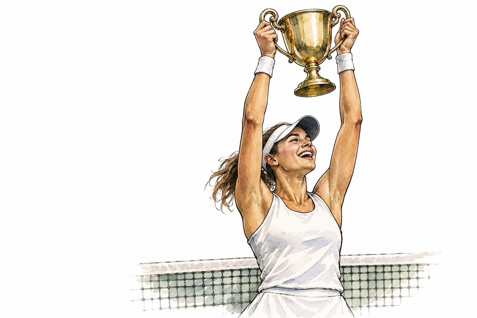 Modern woman tennis player raises trophy with victorious joy after match, plain clothing and blank trophy, no text.