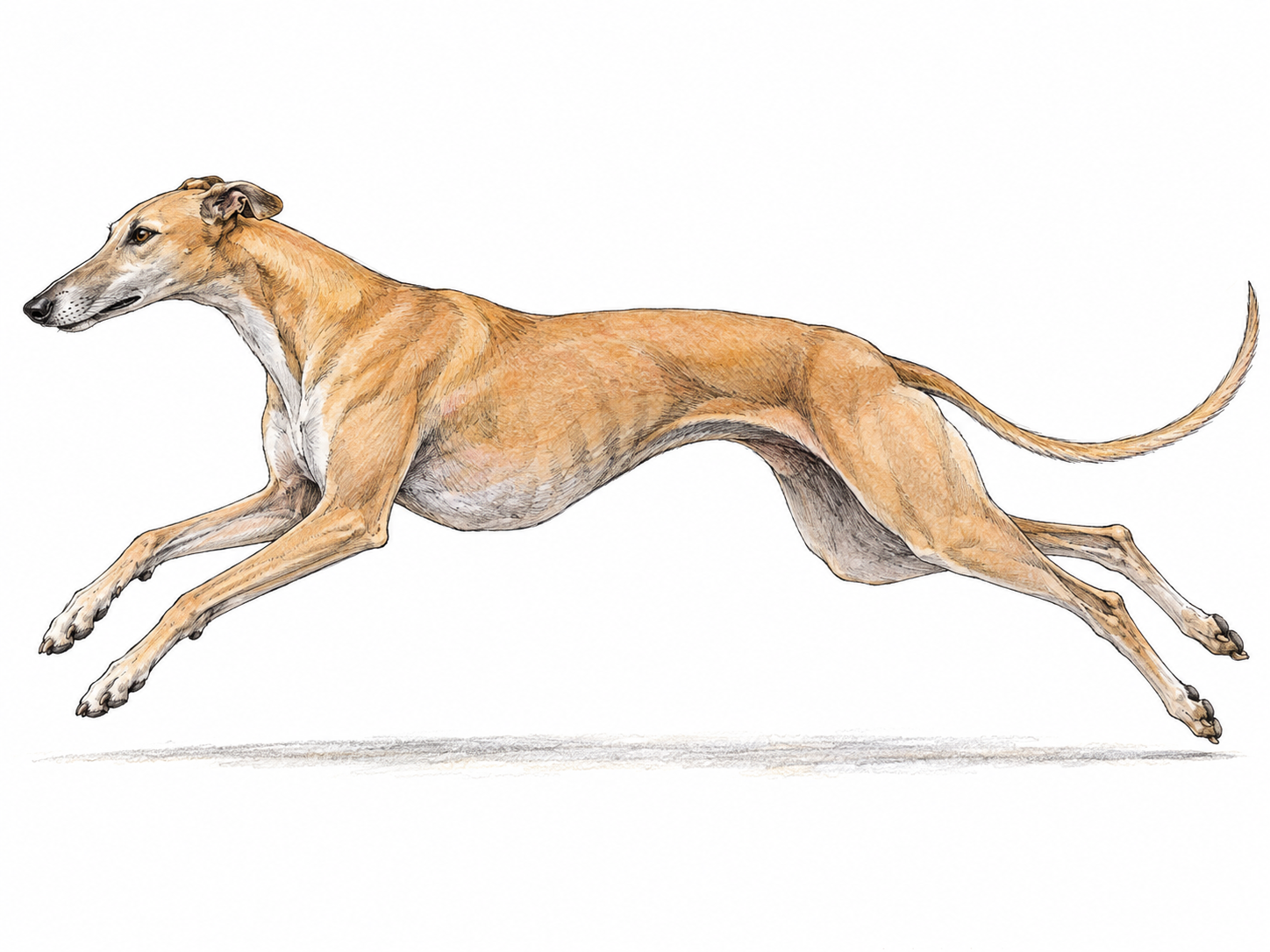 A single adult greyhound in a clear side-view gallop, showing its exceptionally lean build, deep chest, tucked waist, long legs and narrow head.
